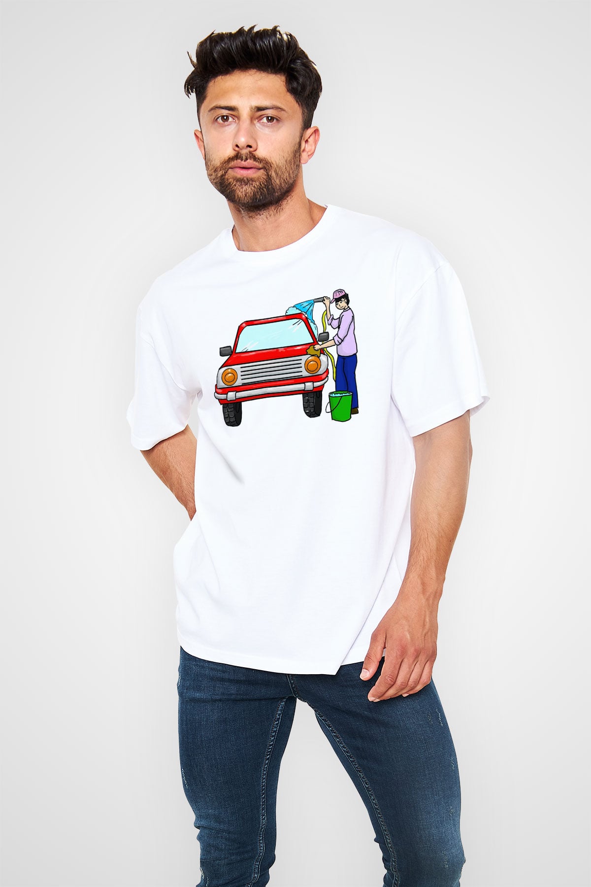 Araba yıkayıcısı Beyaz Oversize Tişört Oversize T-shirt - TişörtFabrikası
