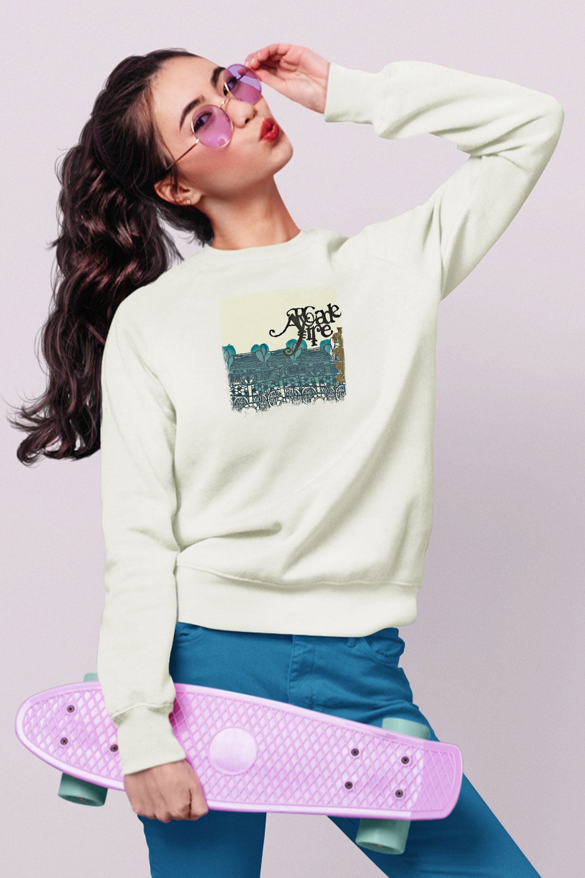 Arcade Fire Baskılı Unisex Beyaz Sweatshirt