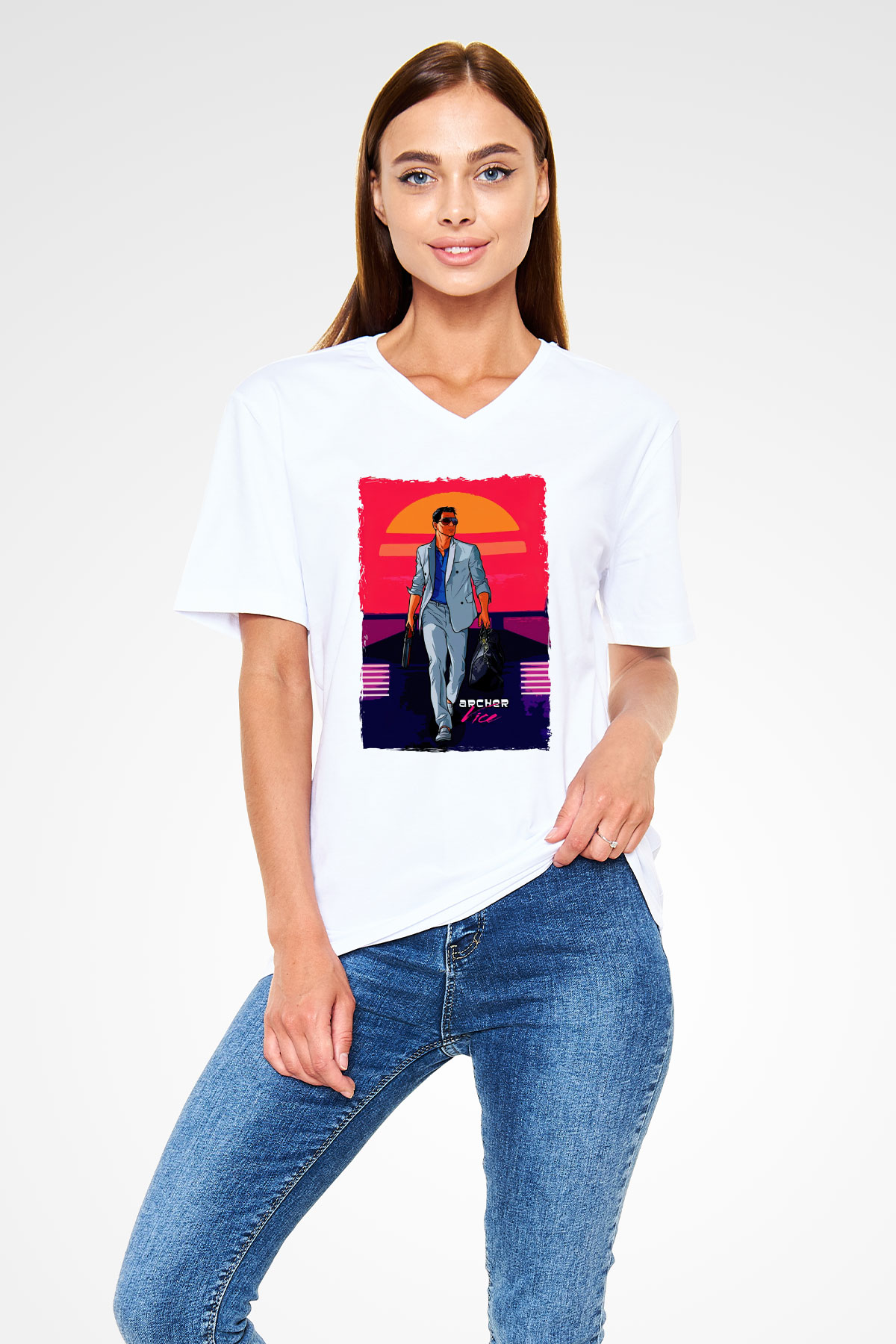 Archer Beyaz Unisex V Yaka Tişört