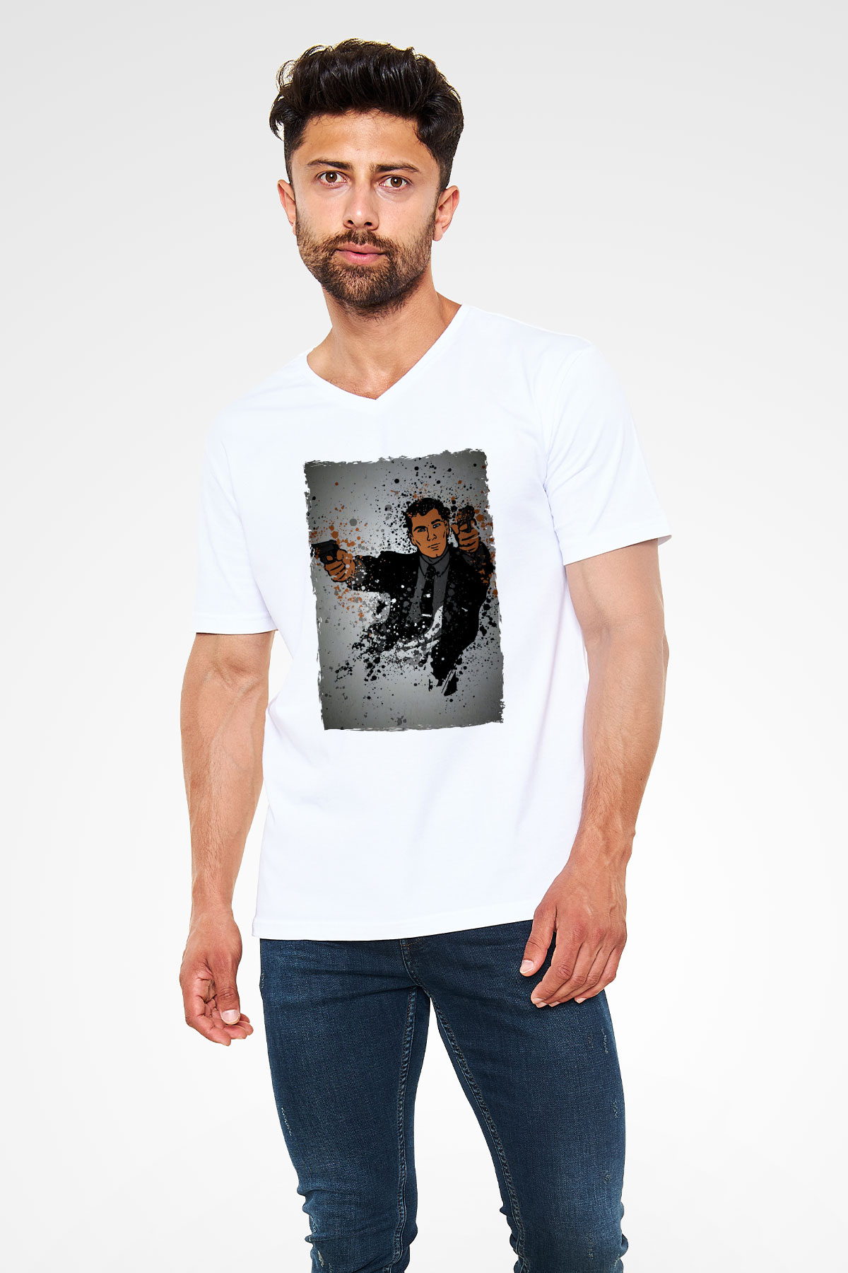 Archer Beyaz Unisex V Yaka Tişört