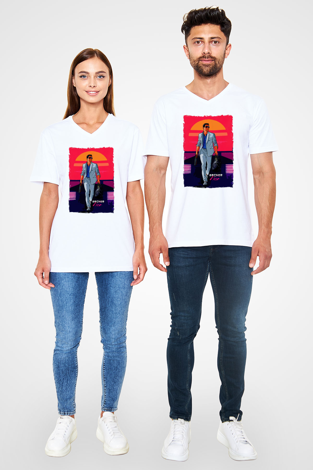Archer Beyaz Unisex V Yaka Tişört