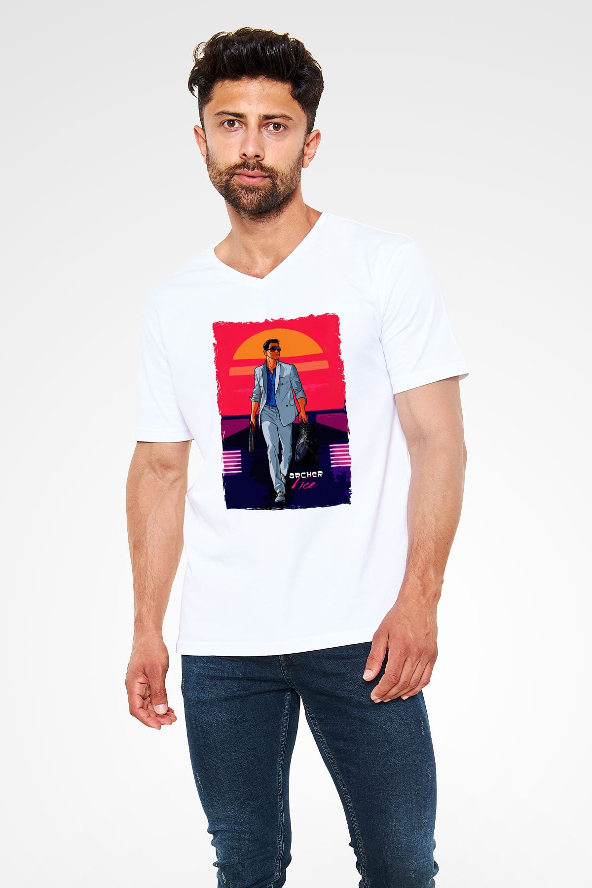 Archer Beyaz Unisex V Yaka Tişört