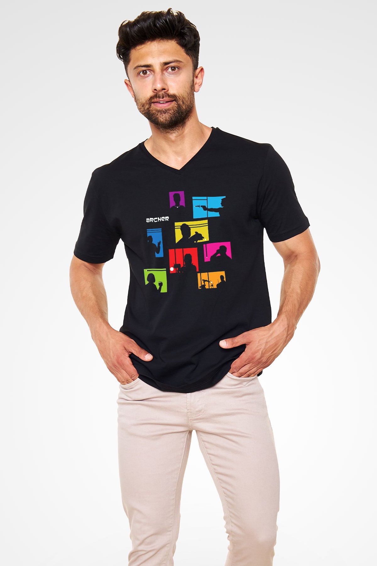 Archer Siyah Unisex V Yaka Tişört