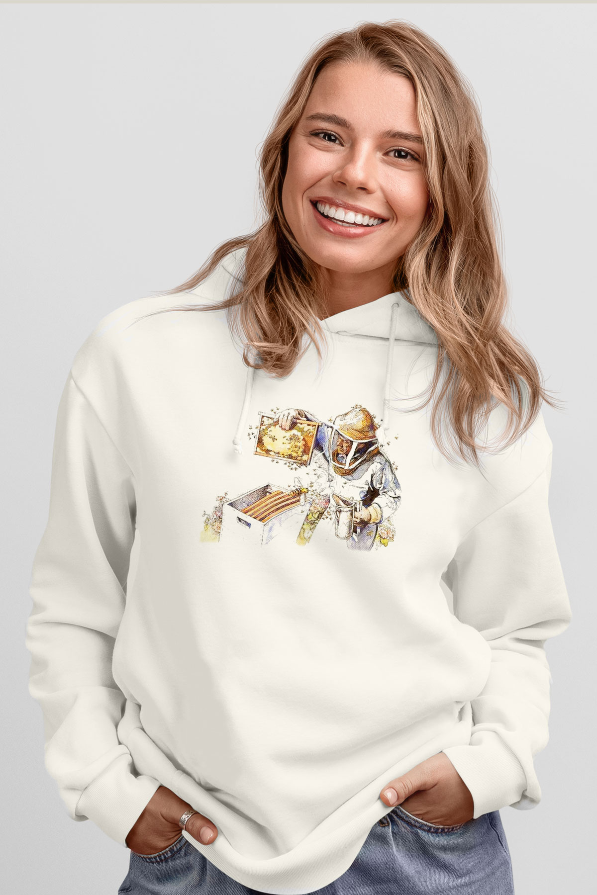 Arıcı Beyaz Unisex Hoodie
