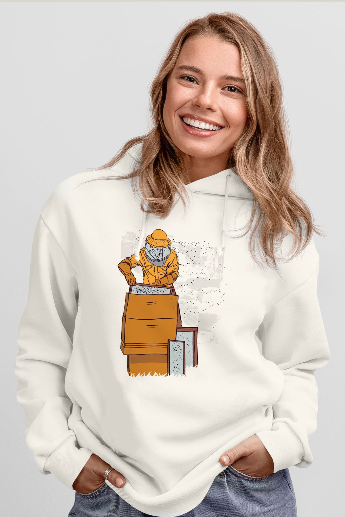 Arıcı Beyaz Unisex Kapüşonlu Sweatshirt
