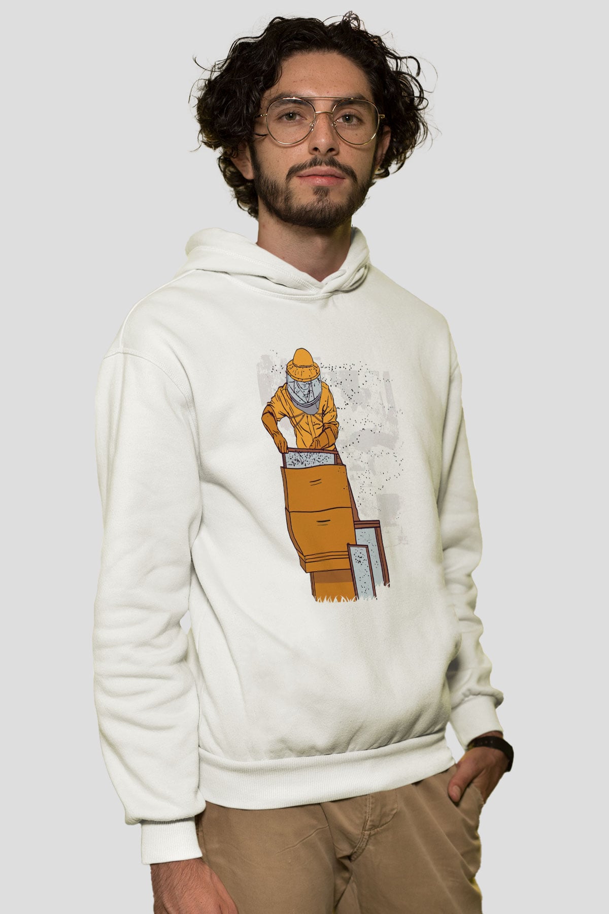Arıcı Beyaz Unisex Kapüşonlu Sweatshirt