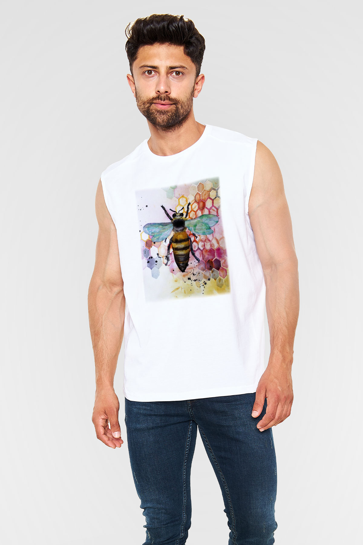 Arıcı Beyaz Unisex Kolsuz Tişört
