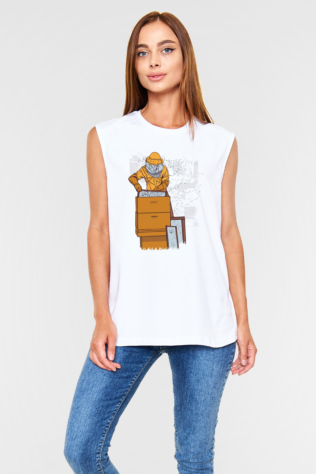 Arıcı Beyaz Unisex Kolsuz Tişört