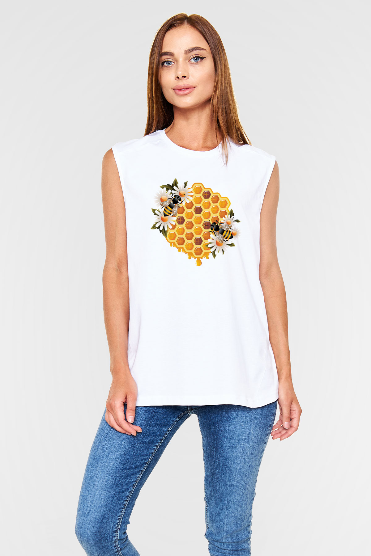 Arıcı Beyaz Unisex Kolsuz Tişört