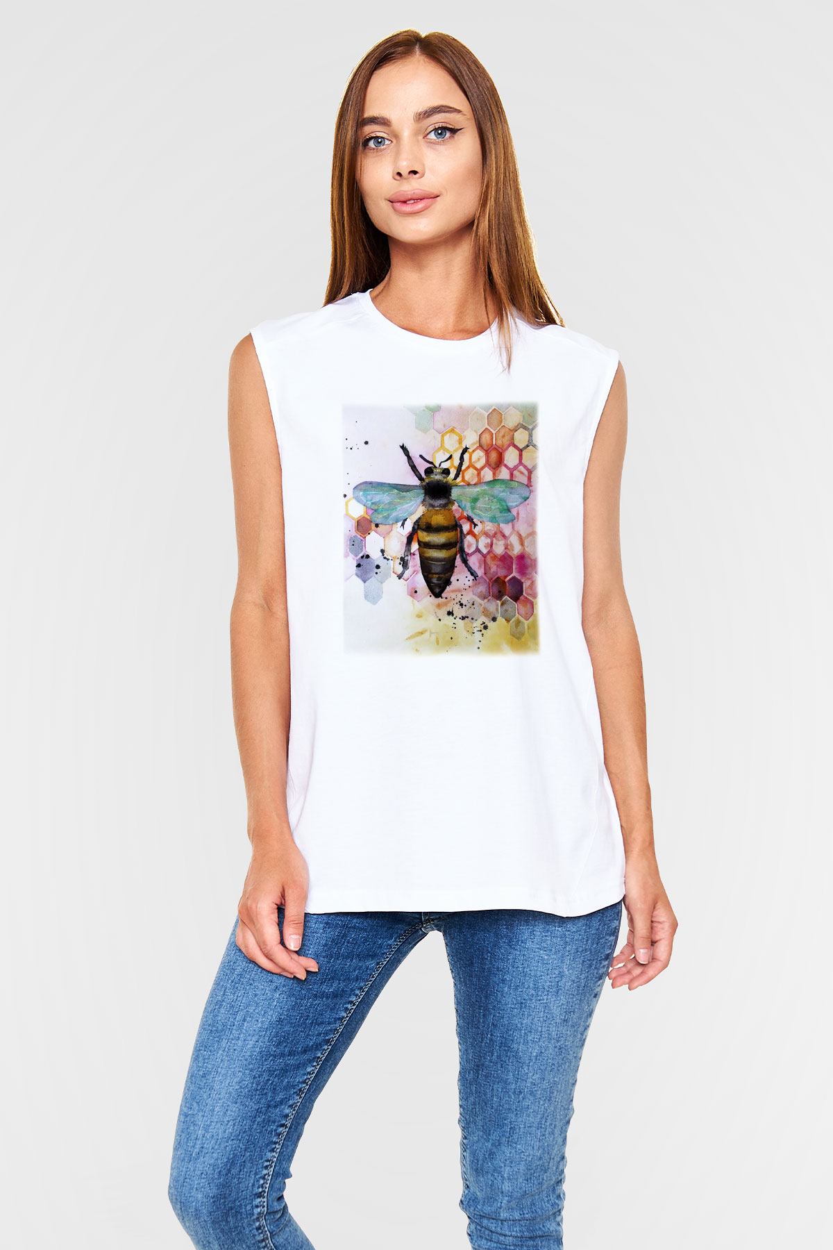 Arıcı Beyaz Unisex Kolsuz Tişört