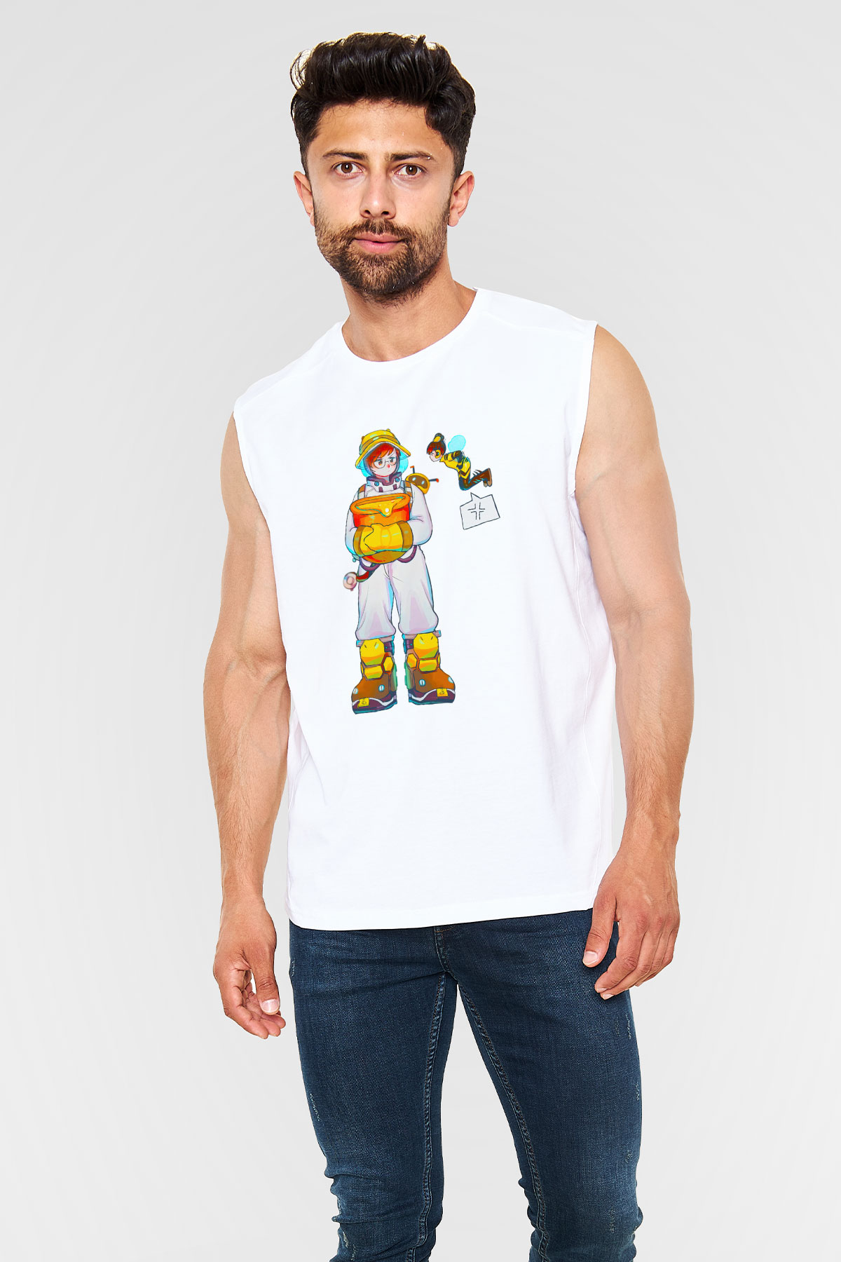 Arıcı Beyaz Unisex Kolsuz Tişört