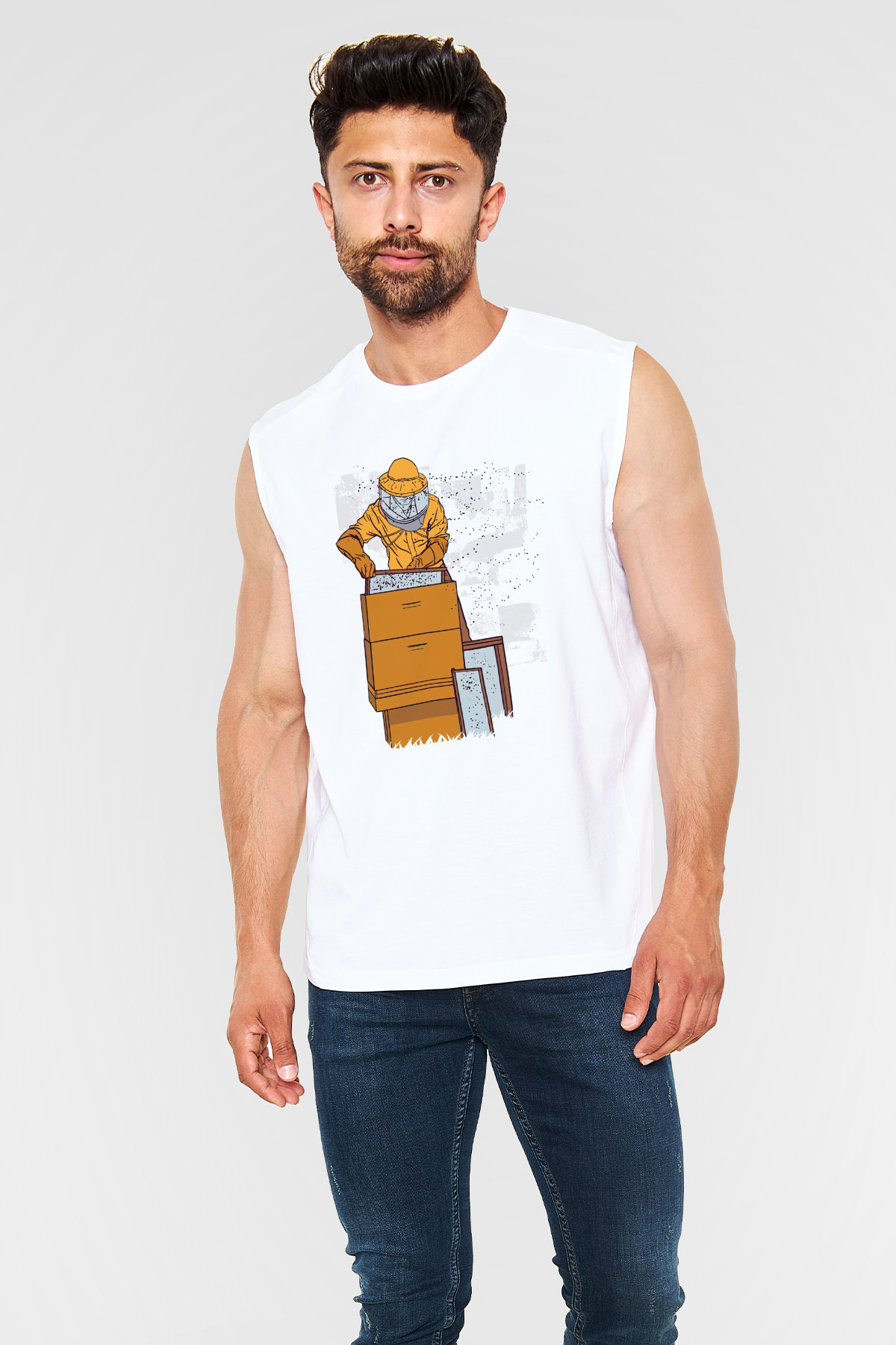 Arıcı Beyaz Unisex Kolsuz Tişört