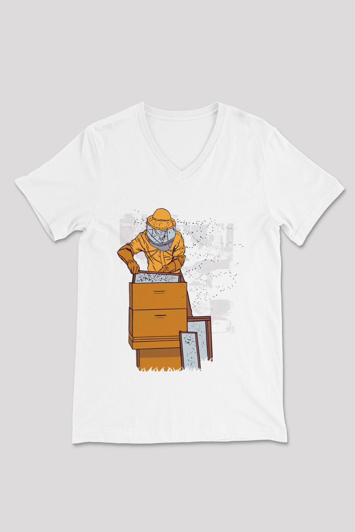 Arıcı Beyaz Unisex V Yaka Tişört
