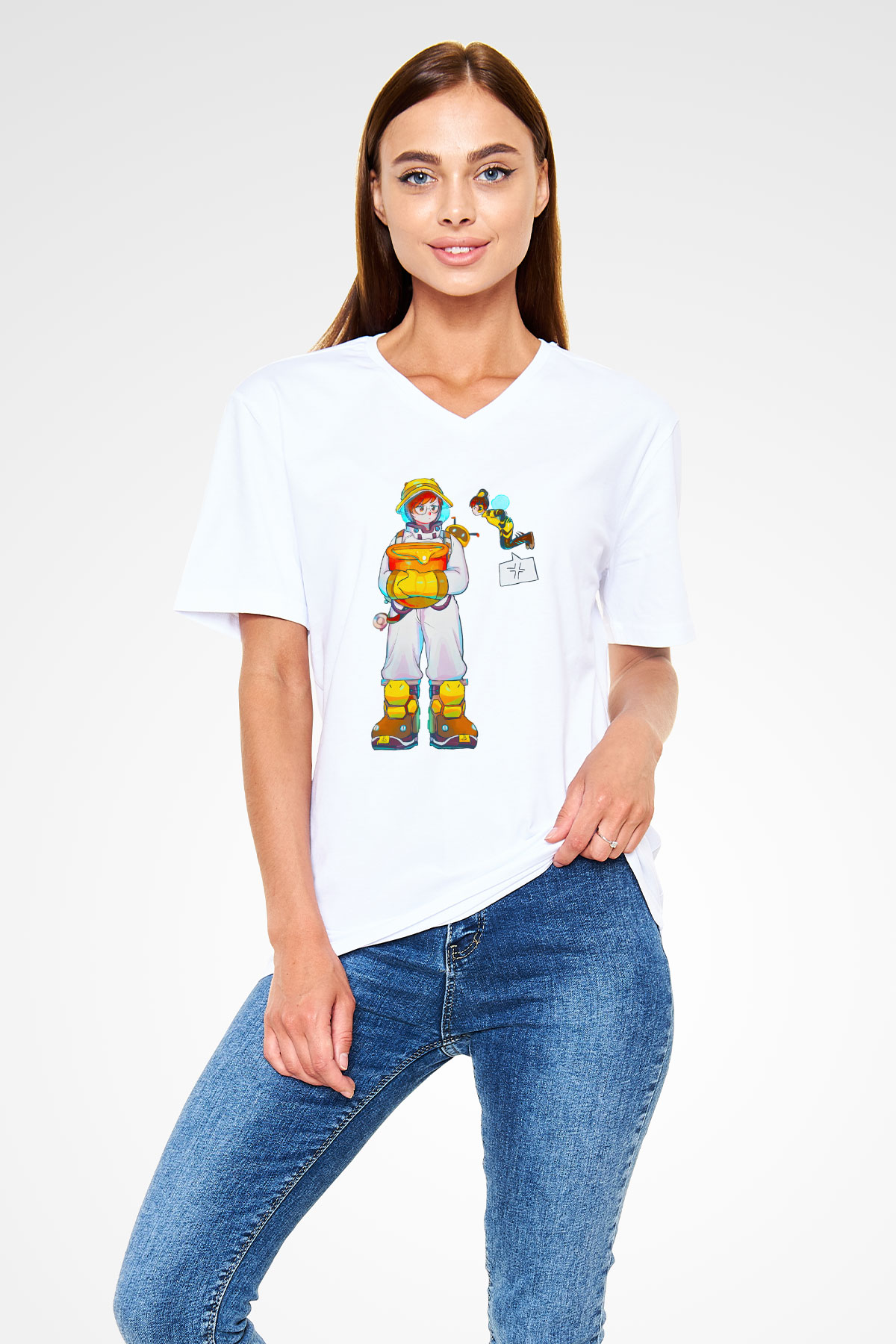 Arıcı Beyaz Unisex V Yaka Tişört
