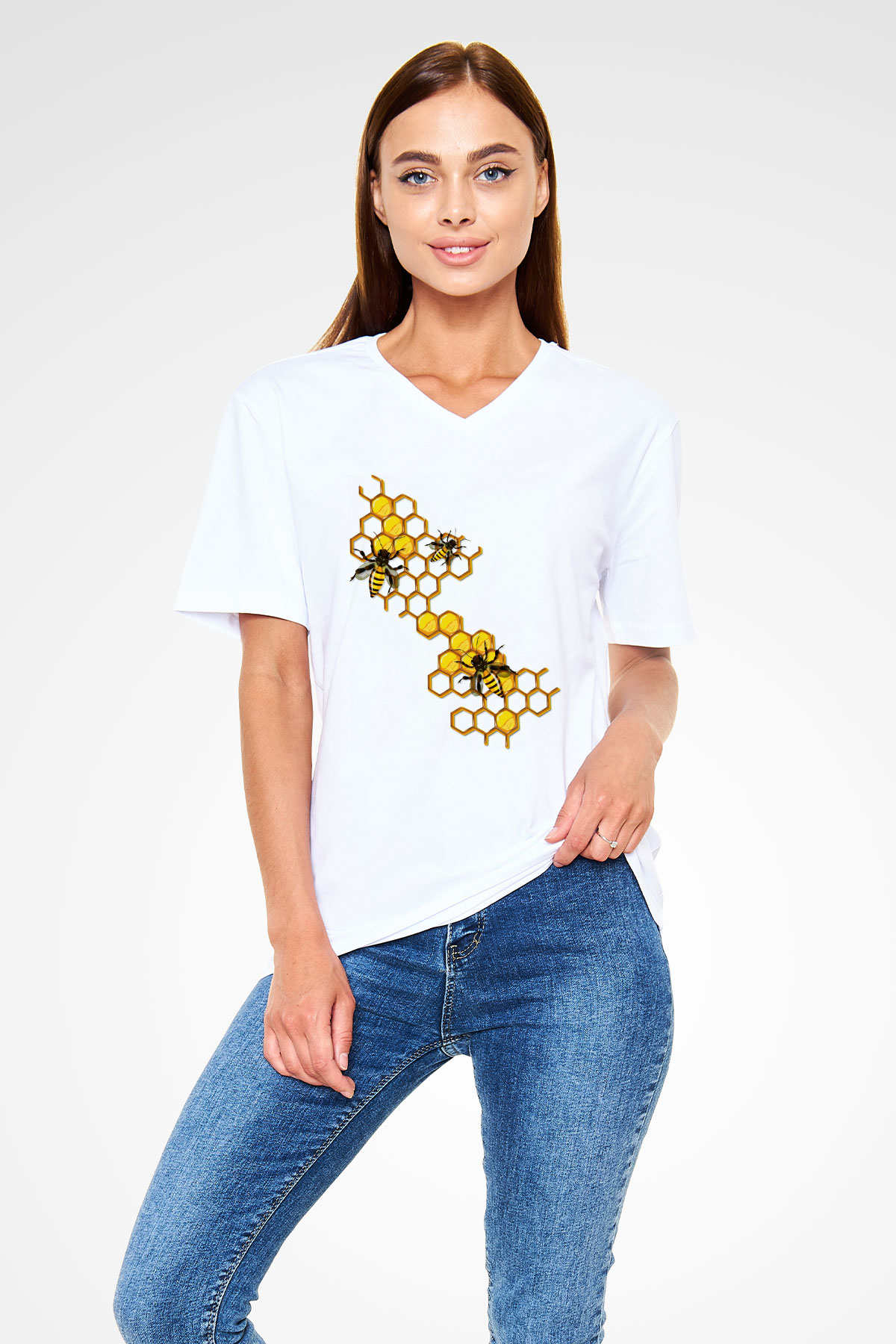 Arıcı Beyaz Unisex V Yaka Tişört