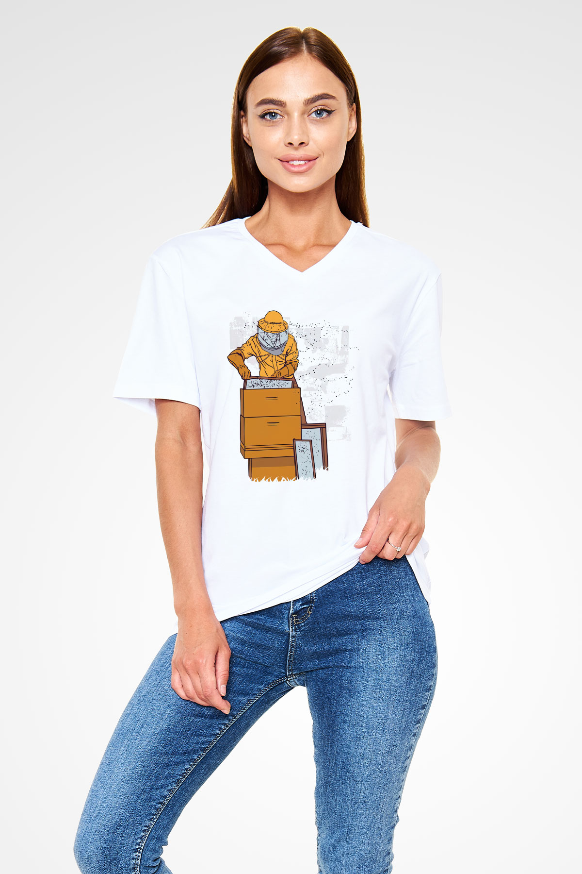 Arıcı Beyaz Unisex V Yaka Tişört