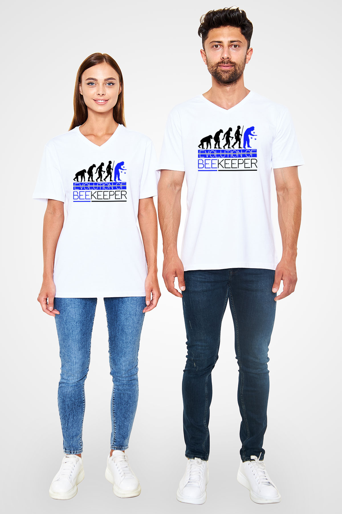 Arıcı Beyaz Unisex V Yaka Tişört