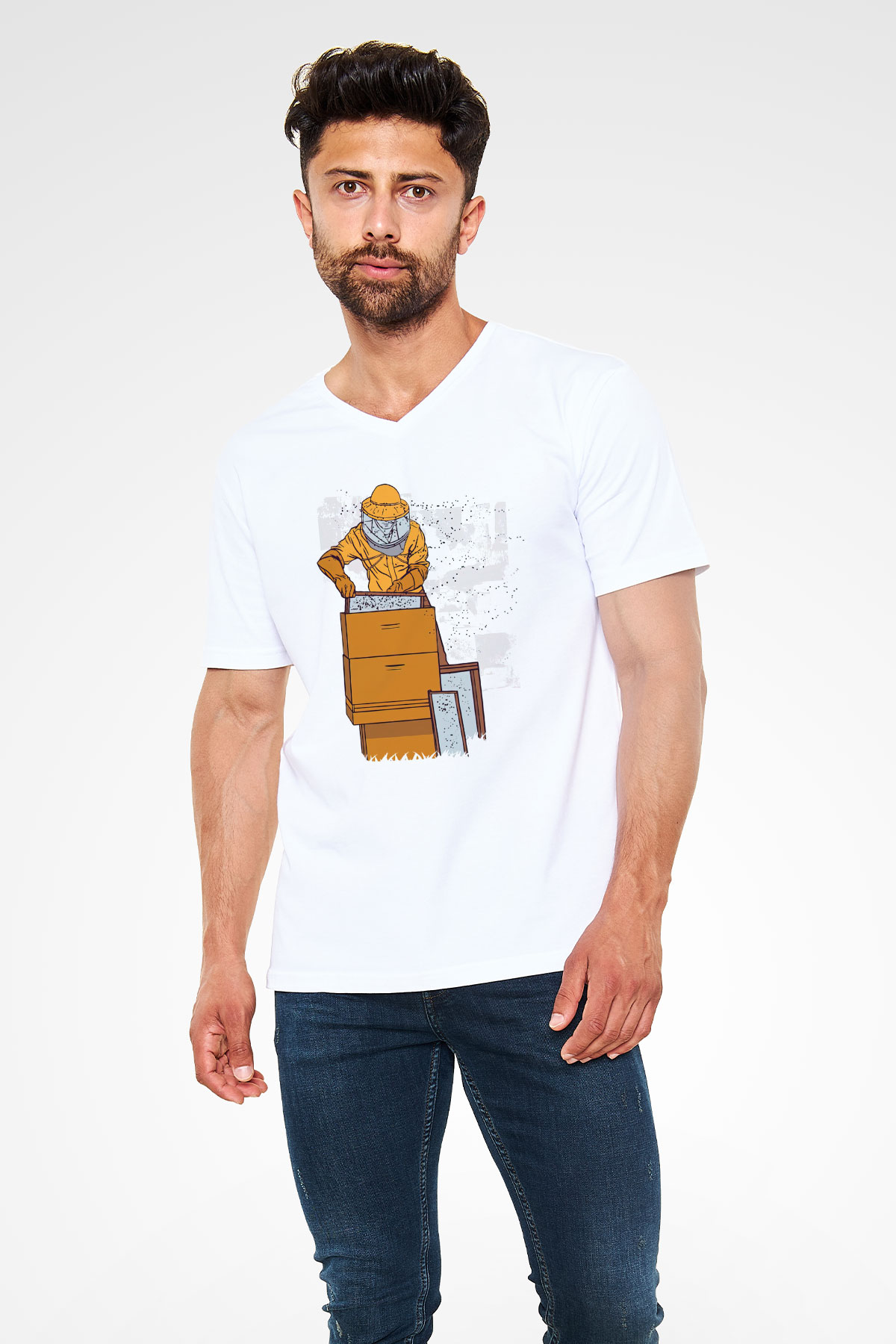 Arıcı Beyaz Unisex V Yaka Tişört