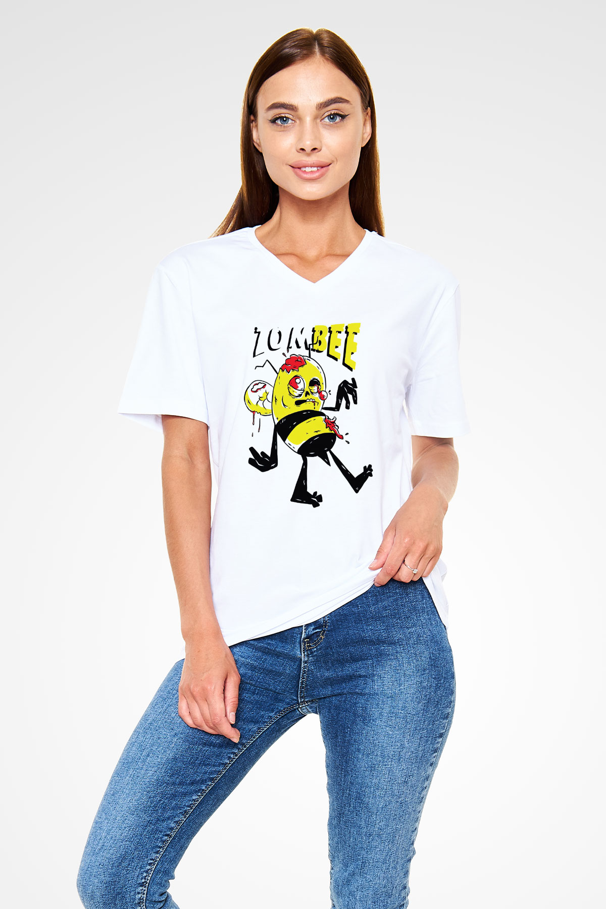 Arıcı Beyaz Unisex V Yaka Tişört