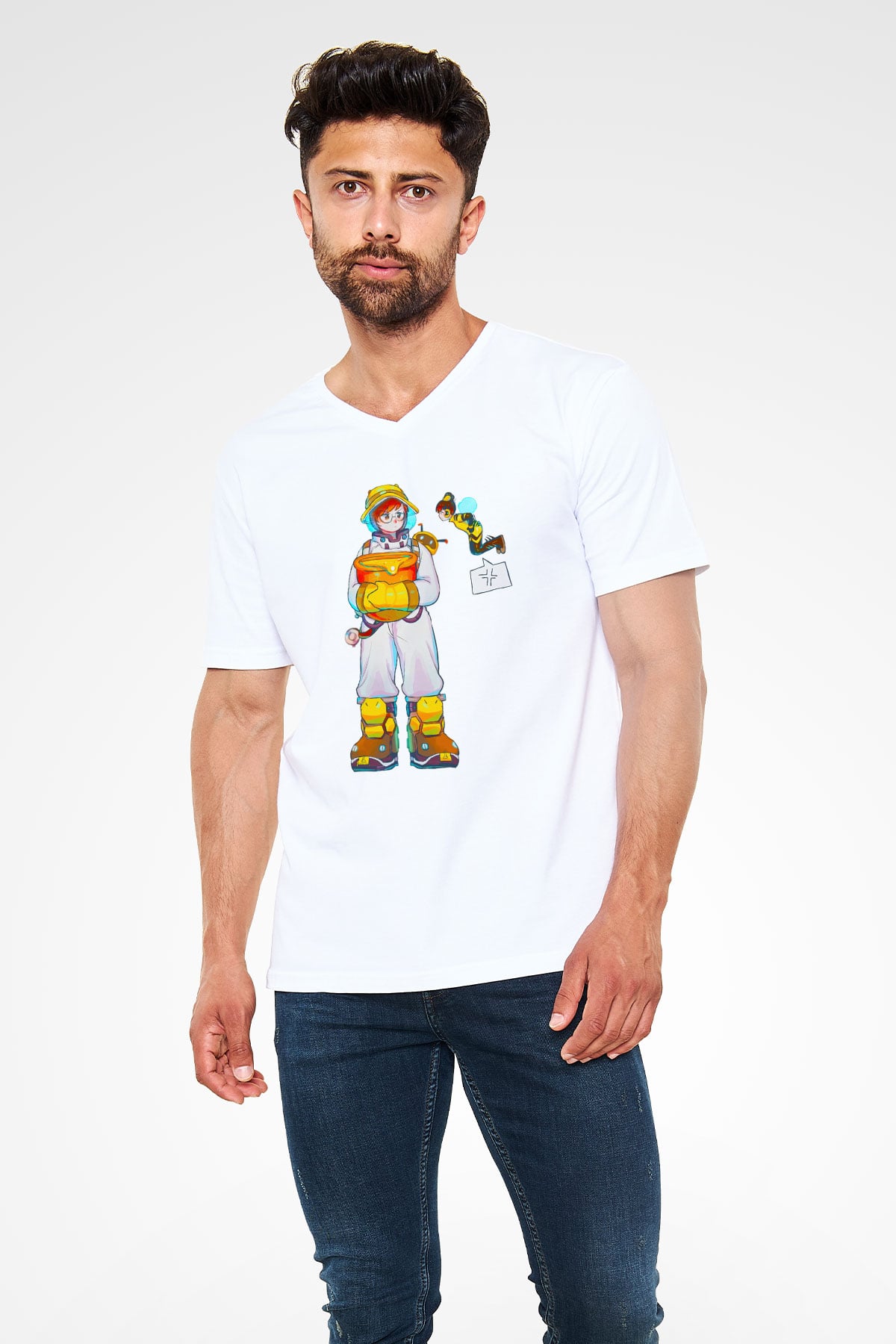 Arıcı Beyaz Unisex V Yaka Tişört