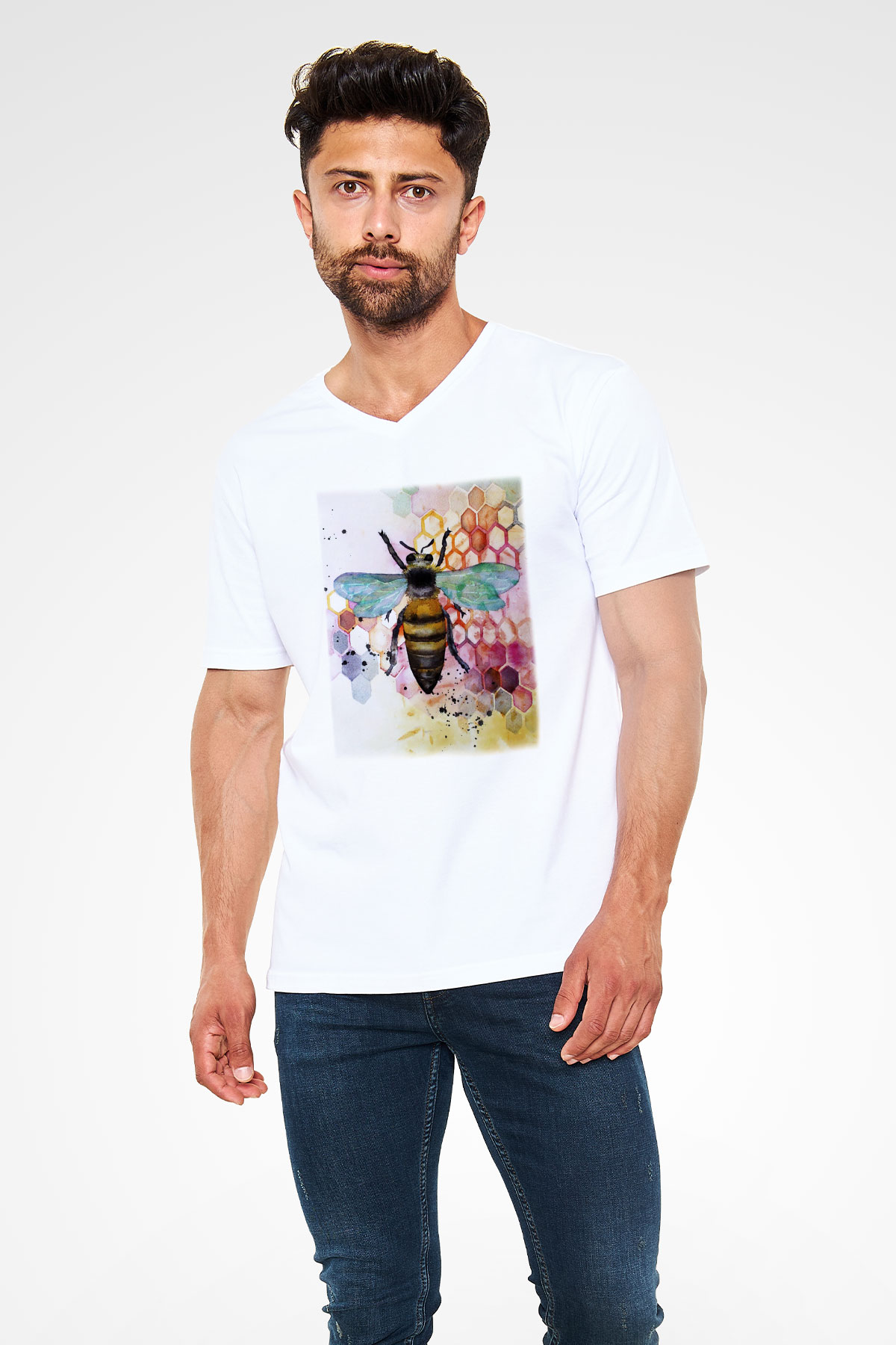 Arıcı Beyaz Unisex V Yaka Tişört T-Shirt