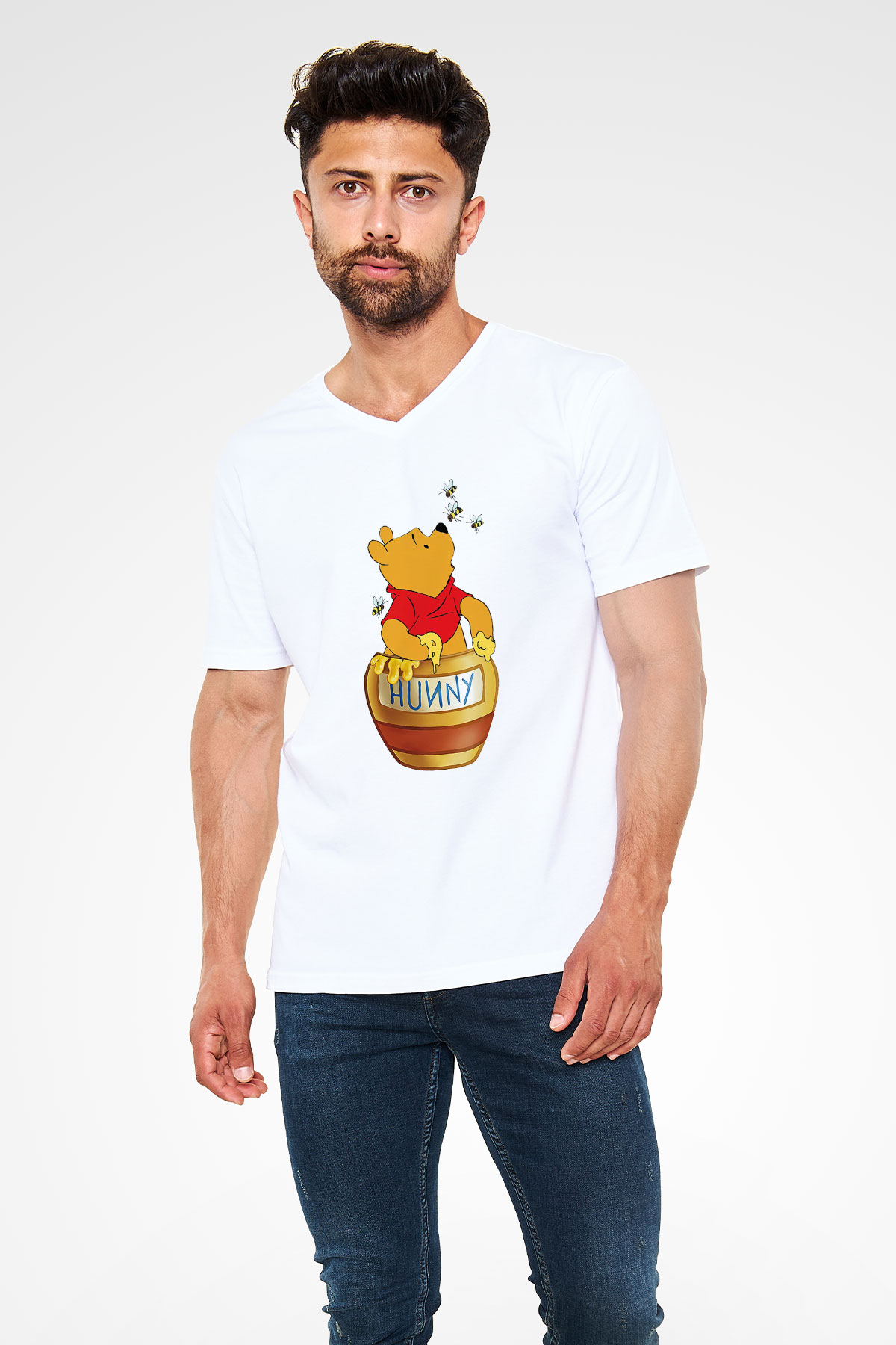 Arıcı Beyaz Unisex V Yaka Tişört T-Shirt