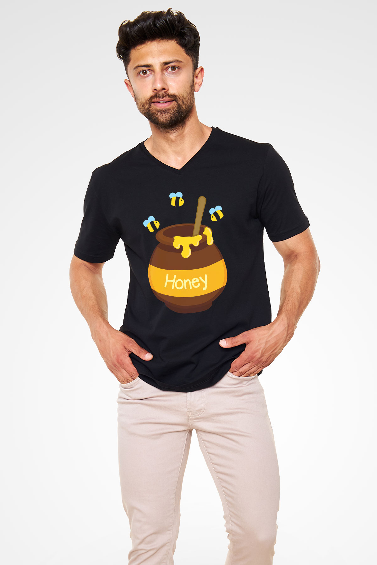 Arıcı Siyah Unisex V Yaka Tişört T-Shirt