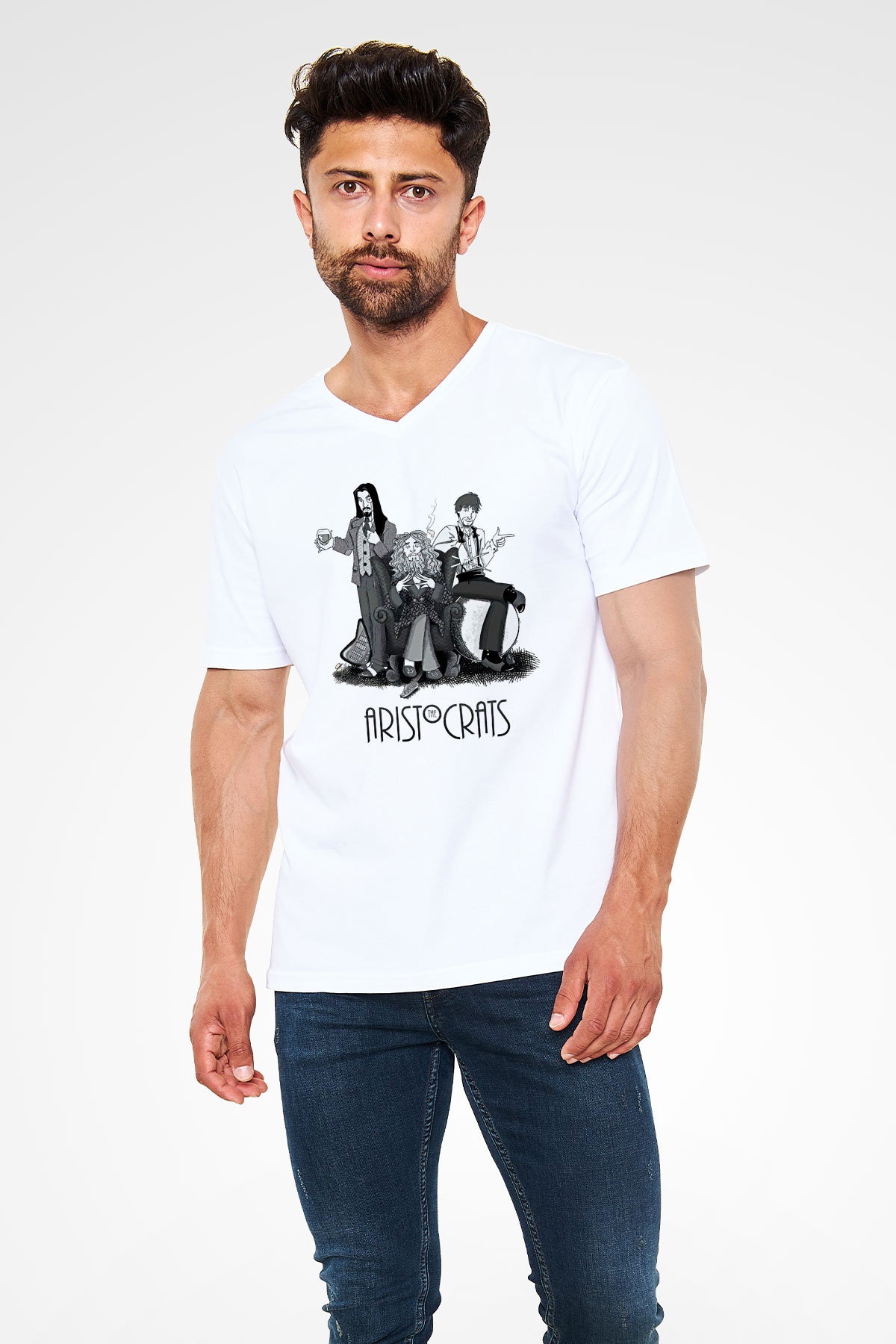 Aristocrats Baskılı Beyaz Unisex V Yaka Tişört - Tshirt