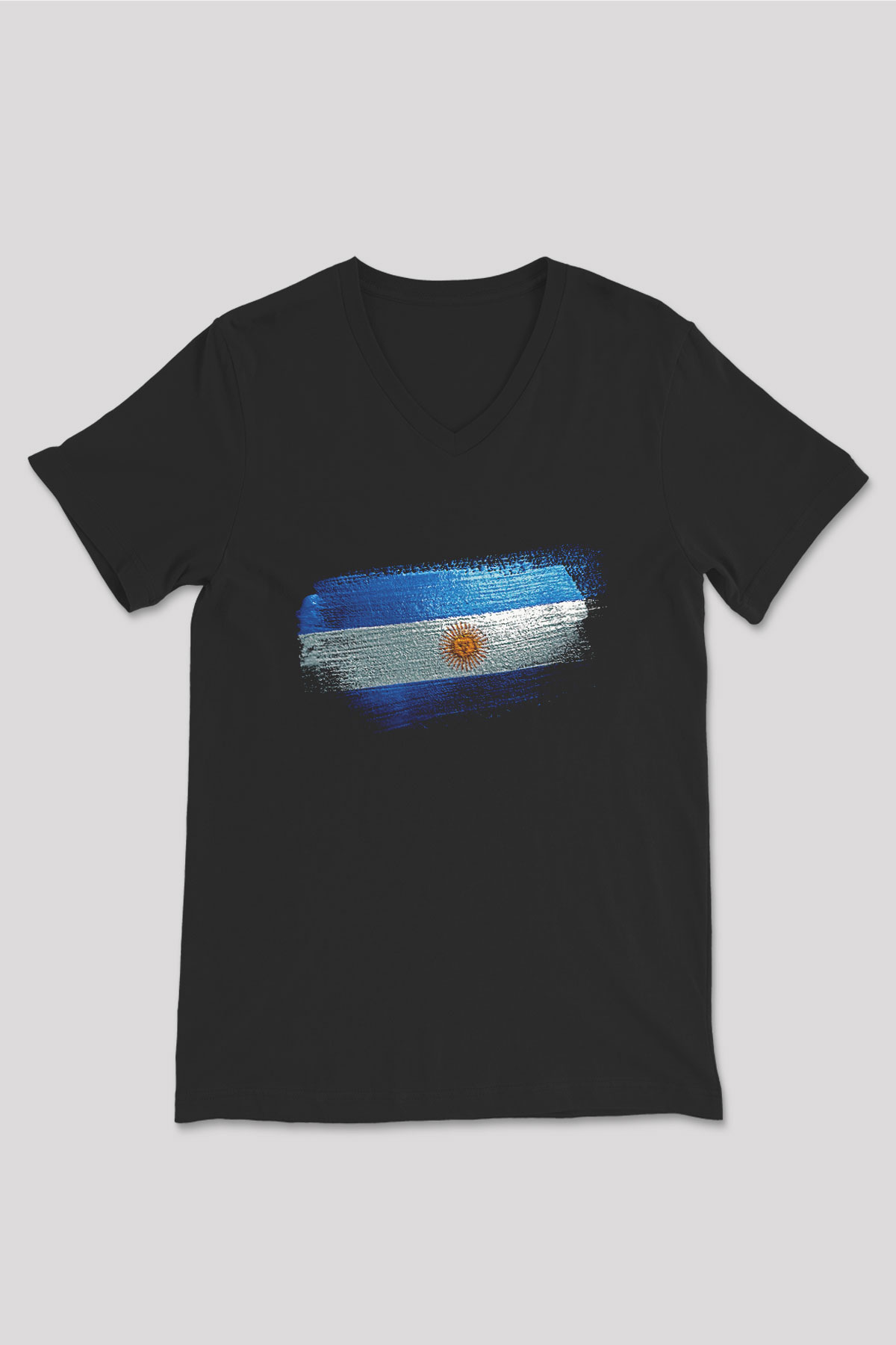 Arjantin - Argentina Bayrağı Baskılı Unisex Siyah V Yaka Tişört