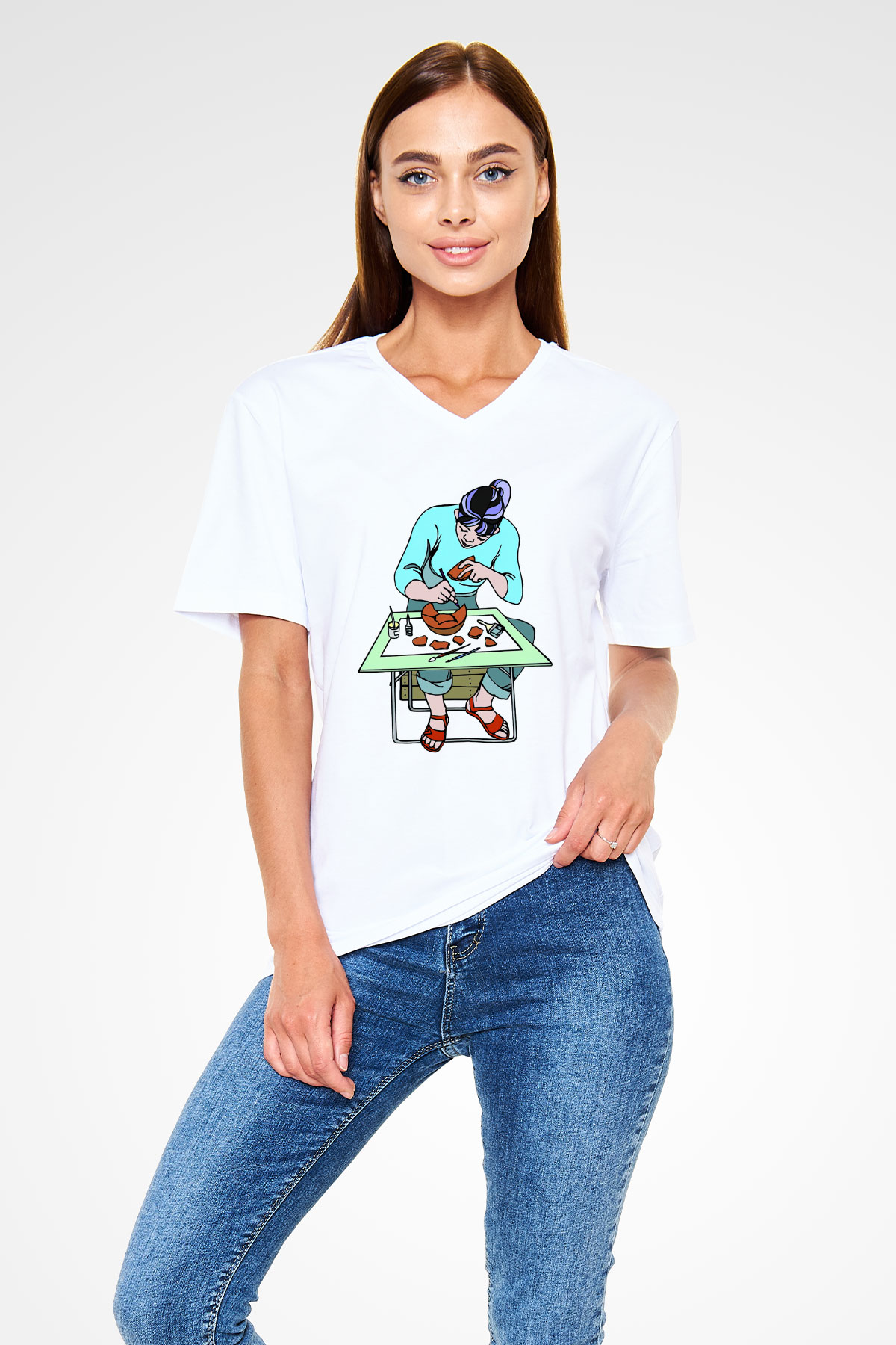 Arkeolog Beyaz Unisex V Yaka Tişört T-Shirt