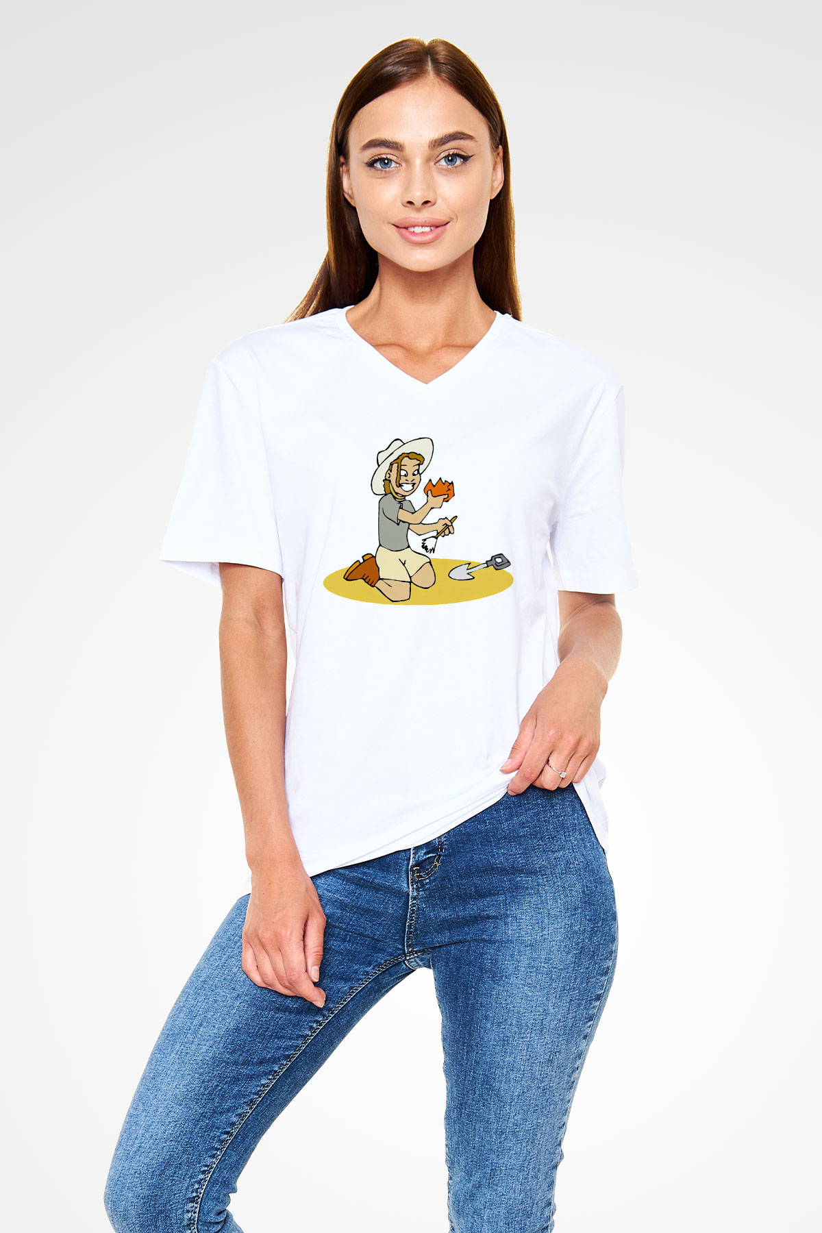 Arkeolog Beyaz Unisex V Yaka Tişört T-Shirt