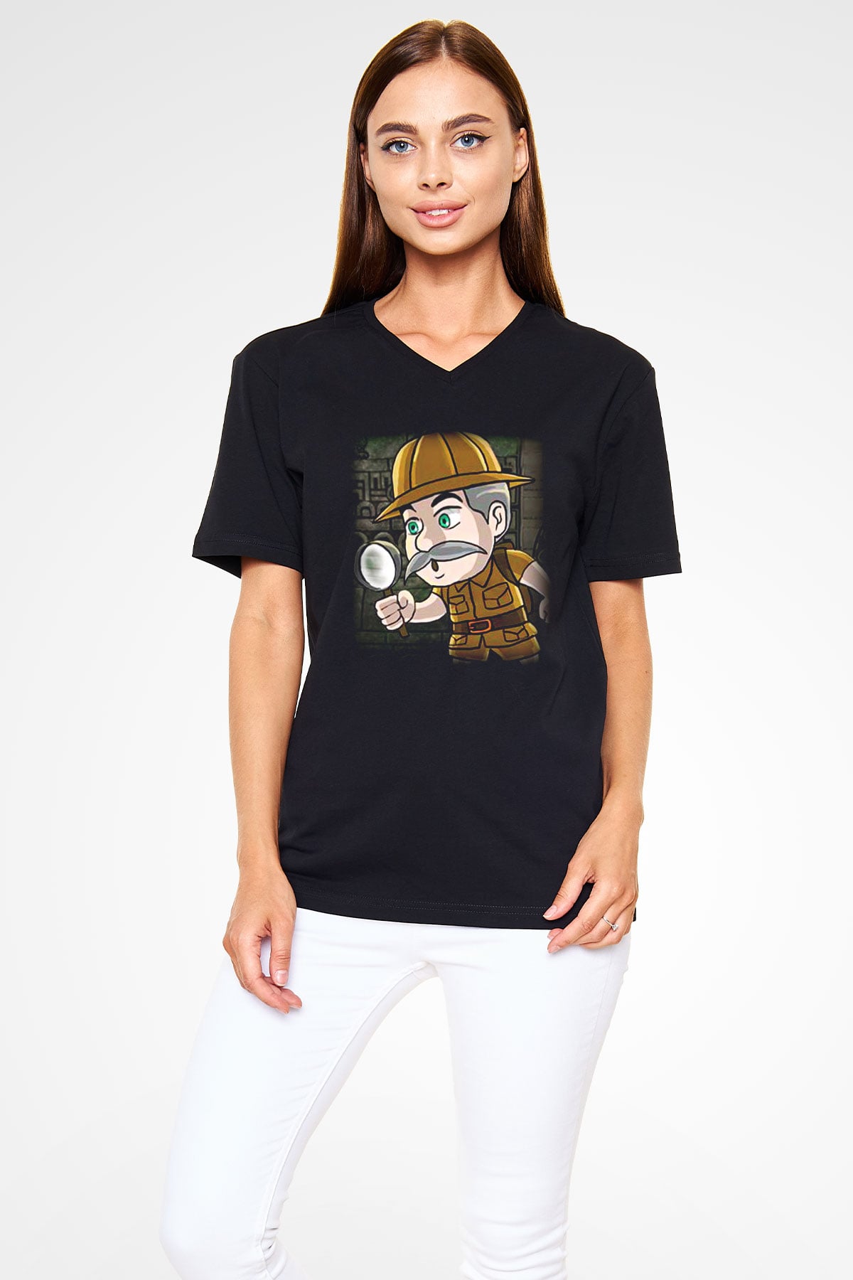 Arkeolog Siyah Unisex V Yaka Tişört T-Shirt
