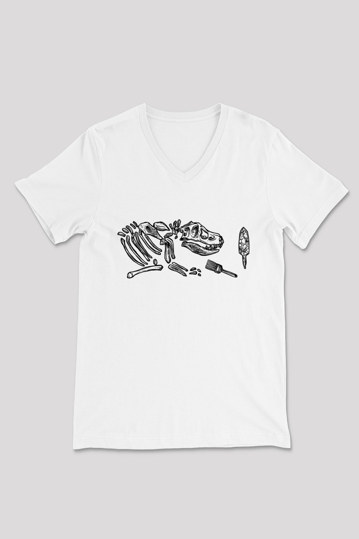 Arkeoloji Dinazor Baskılı Unisex Beyaz V Yaka Tişört