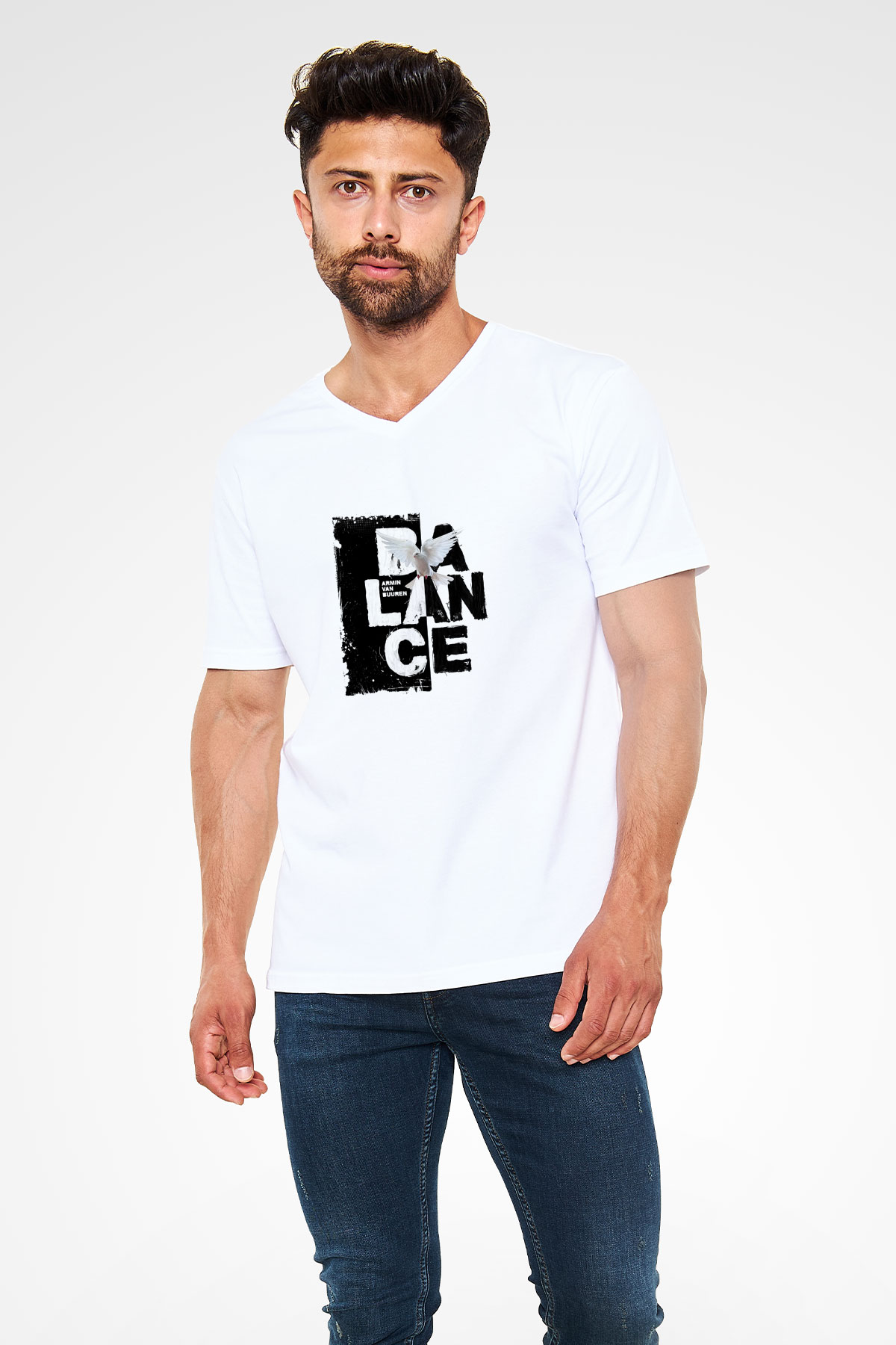 Armin Van Buuren Baskılı Beyaz V Yaka Unisex Tişört