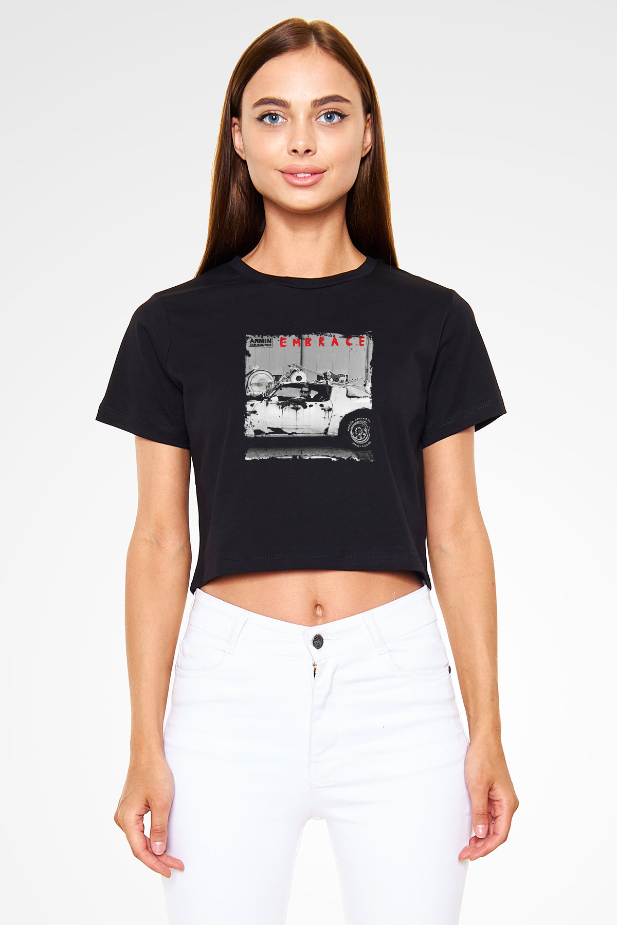 Armin Van Buuren Baskılı Crop Top Siyah Kadın Tişört