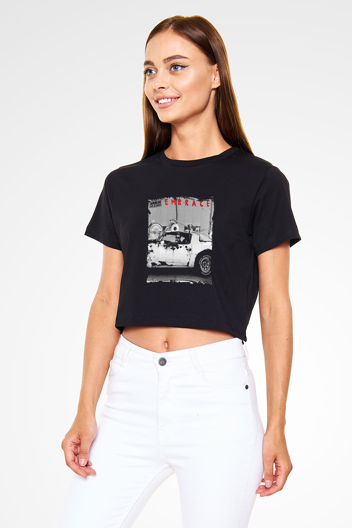 Armin Van Buuren Baskılı Crop Top Siyah Kadın Tişört