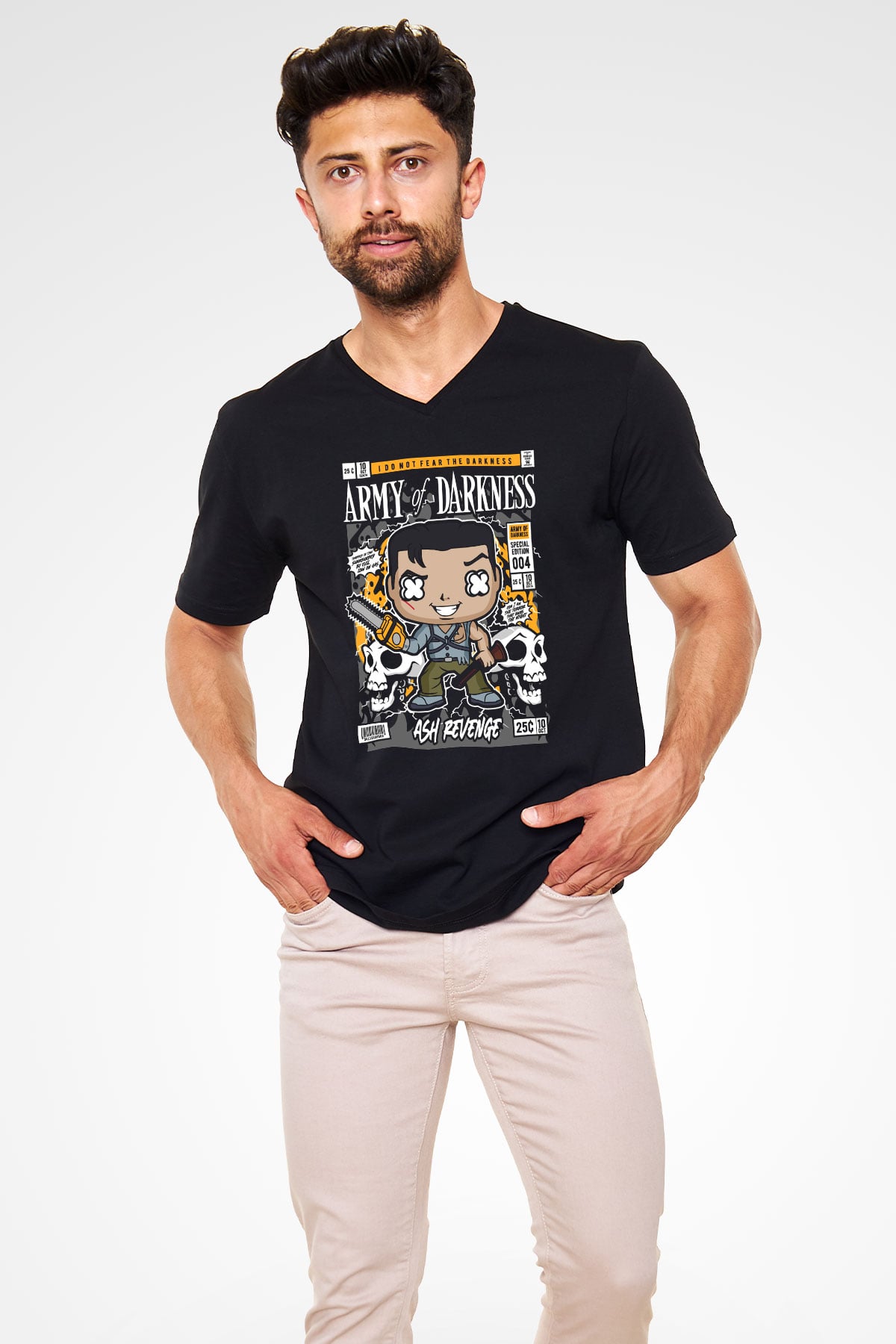 Army Of Darkness Baskılı Unisex Siyah V Yaka Tişört