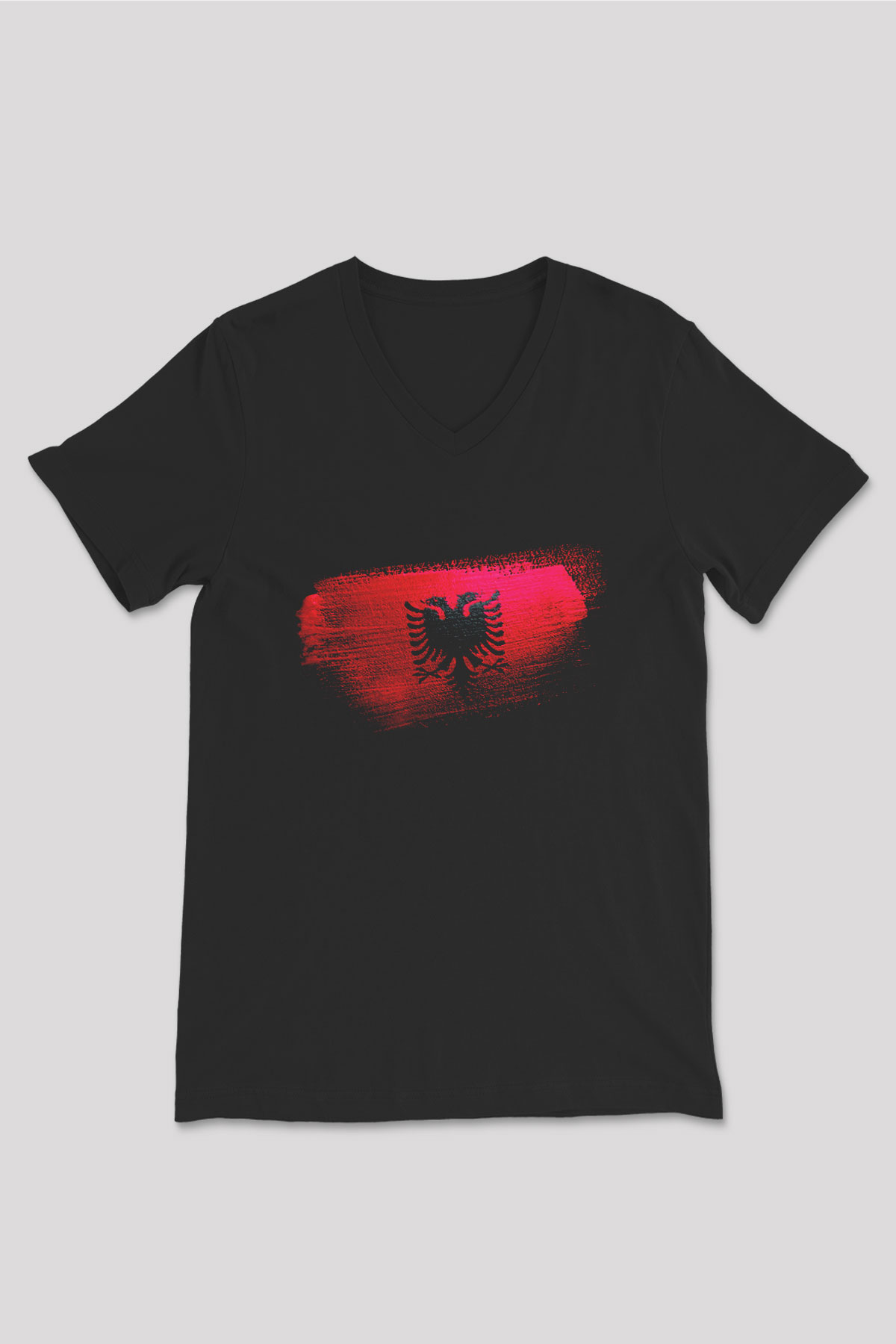 Arnavutluk - Albania Bayrağı Baskılı Unisex Siyah V Yaka Tişört