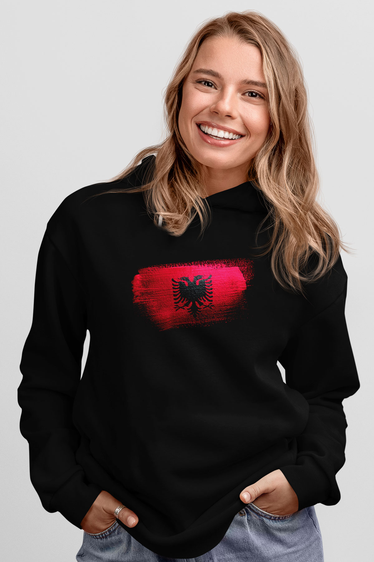 Arnavutluk - Albania Bayrağı Baskılı Unisex Siyah Hoodie