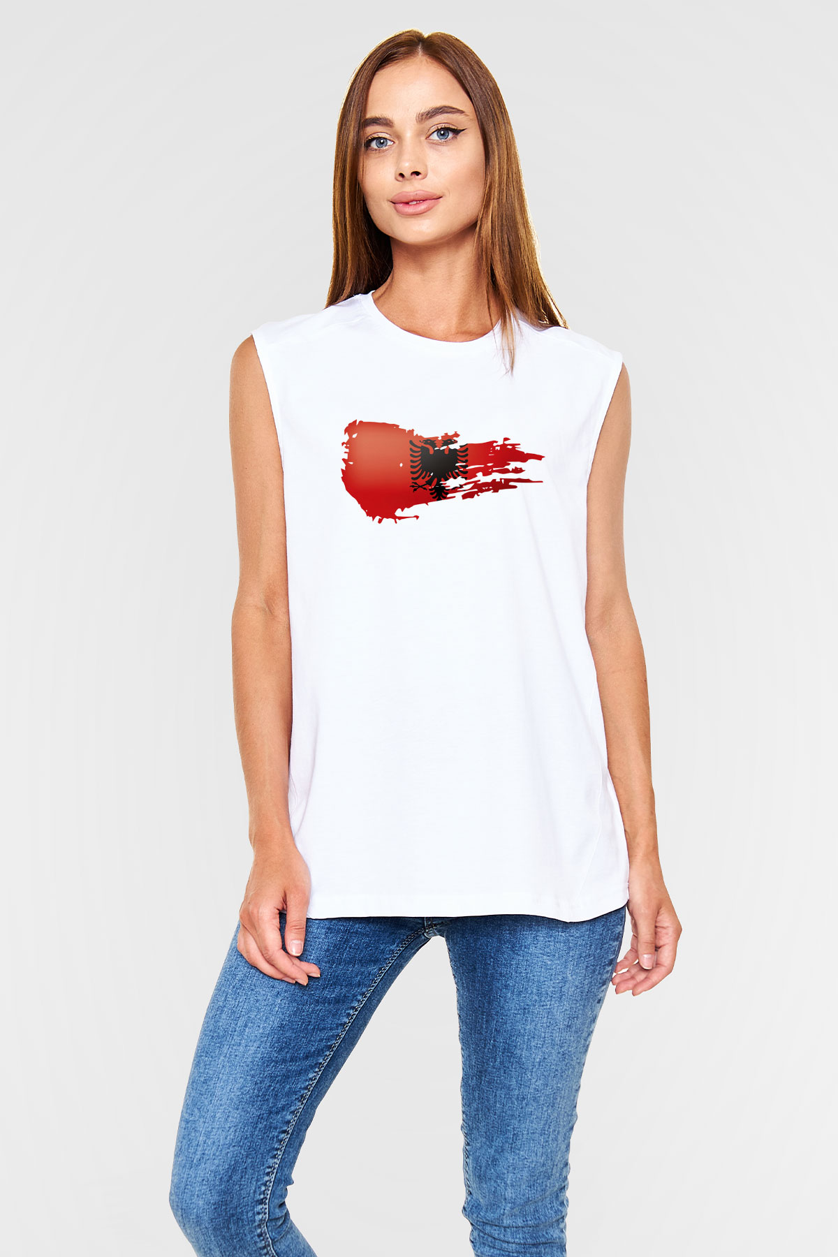 Arnavutluk Beyaz Unisex Kolsuz Tişört