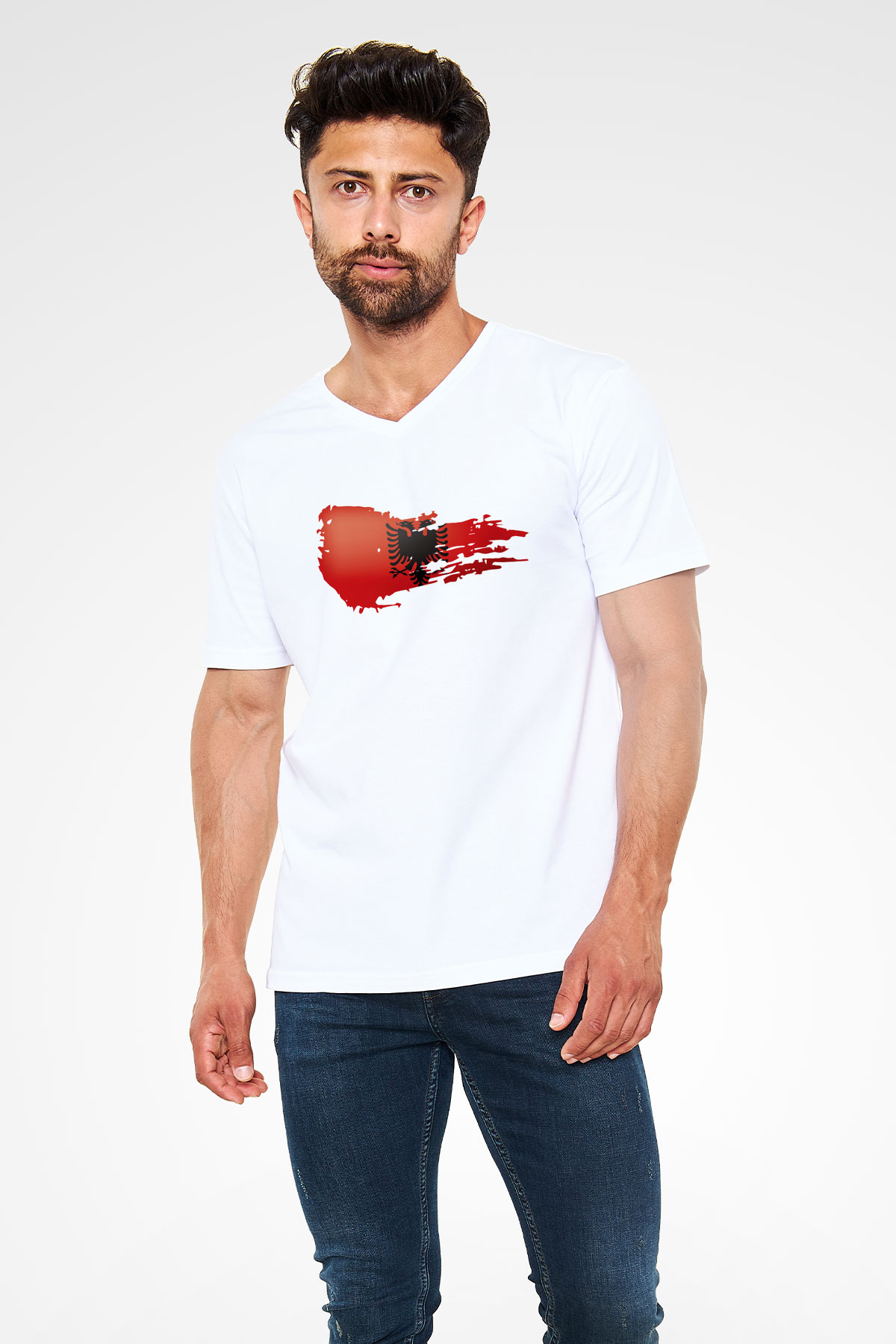 Arnavutluk Beyaz Unisex V Yaka Tişört T-Shirt