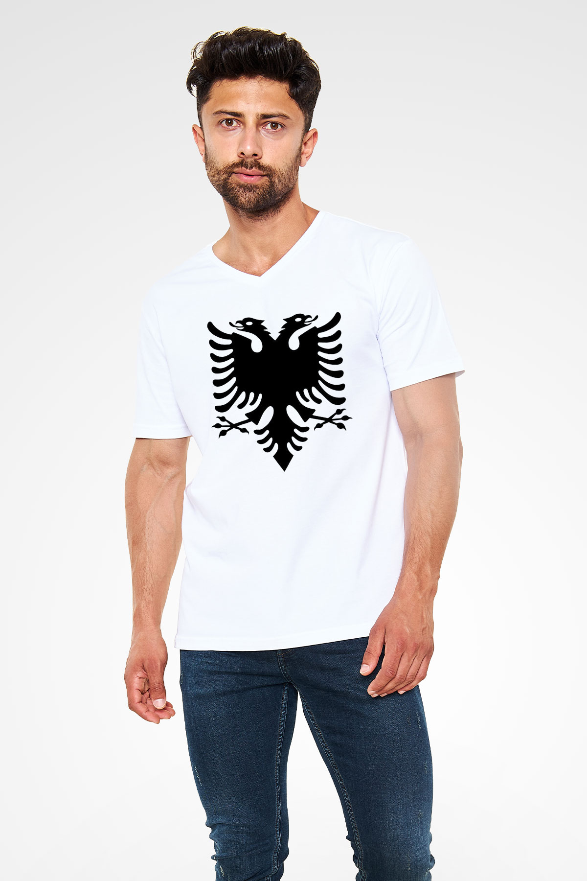 Arnavutluk Beyaz Unisex V Yaka Tişört T-Shirt