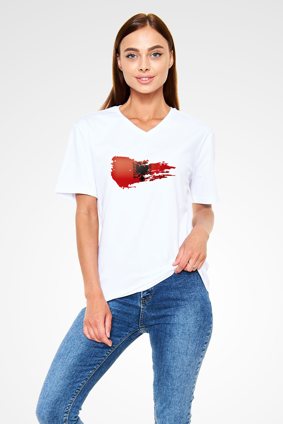 Arnavutluk Beyaz Unisex V Yaka Tişört T-Shirt