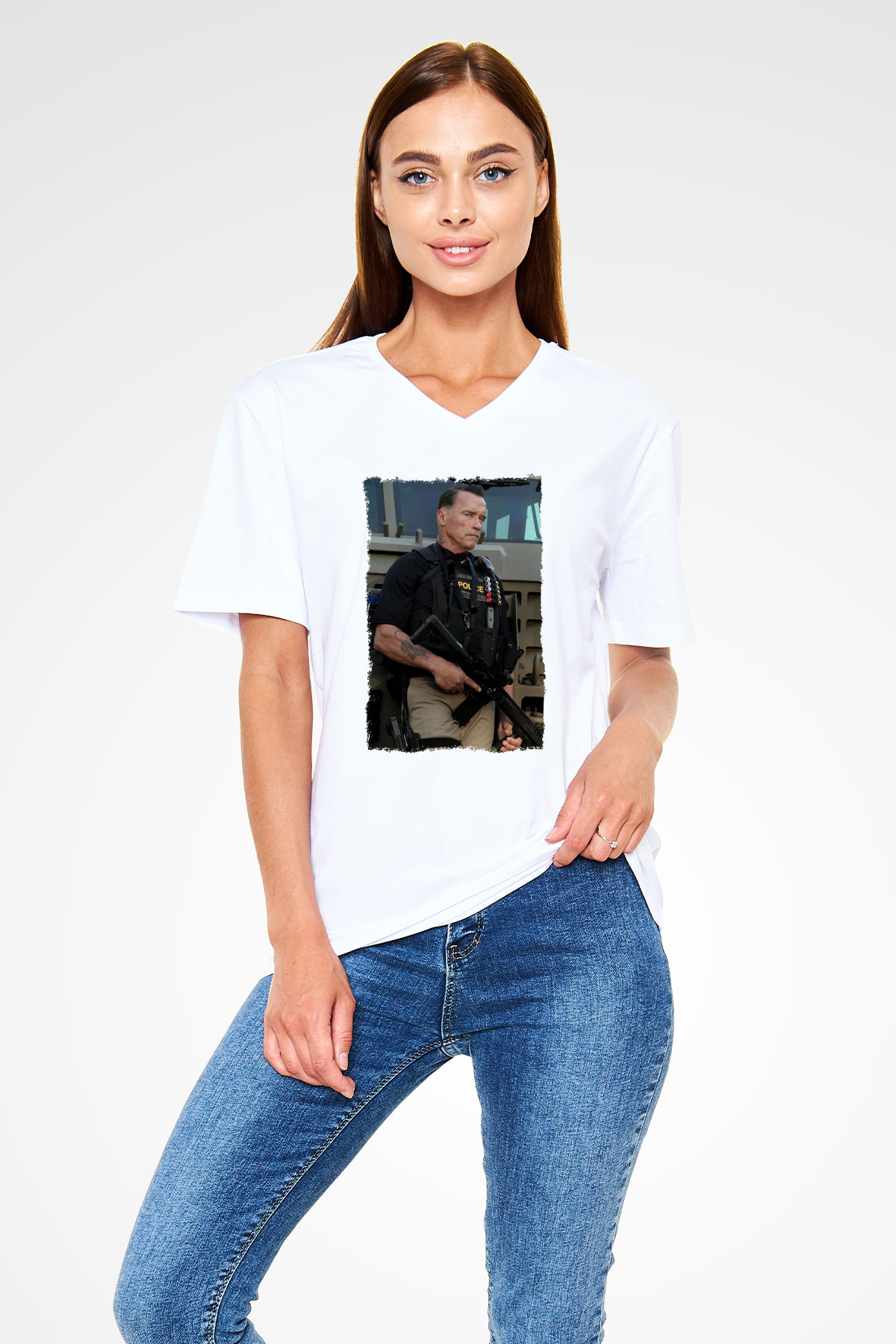 Arnold Schwarzenegger Beyaz Unisex V Yaka Tişört