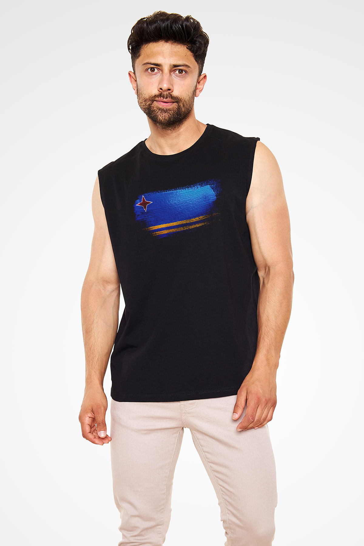 Aruba Bayrağı Baskılı Unisex Siyah Kolsuz Tişört