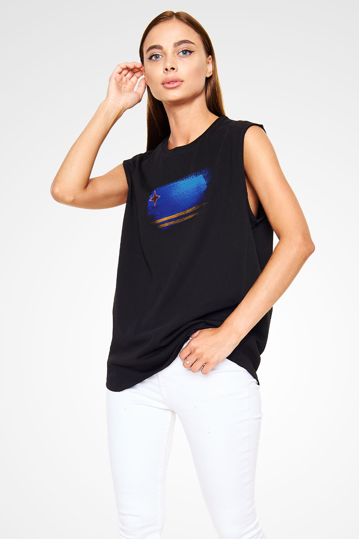 Aruba Bayrağı Baskılı Unisex Siyah Kolsuz Tişört