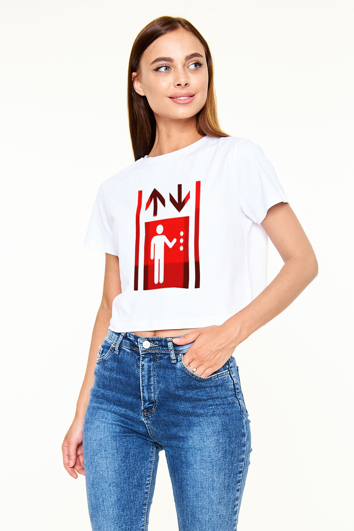 Asansörcü Beyaz Croptop Tişört