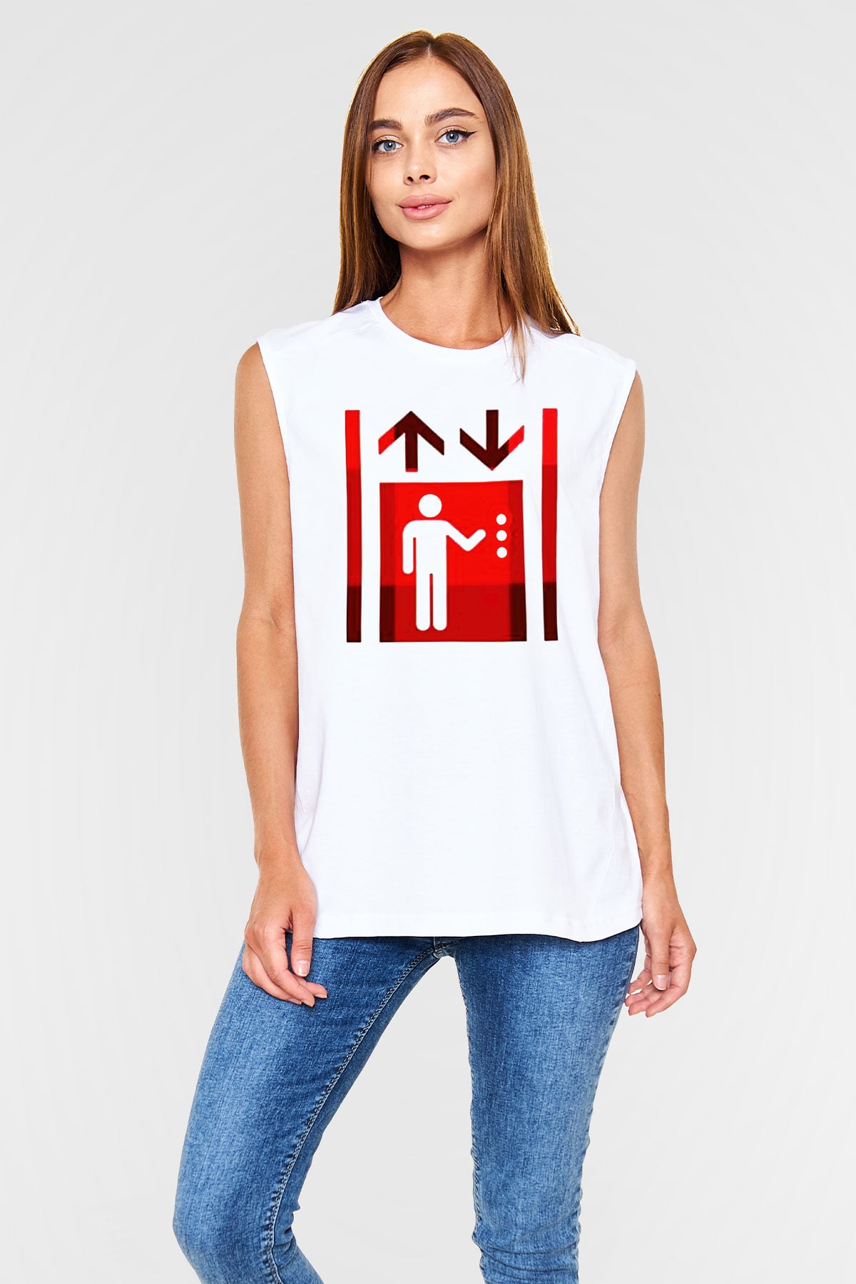 Asansörcü Beyaz Unisex Kolsuz Tişört