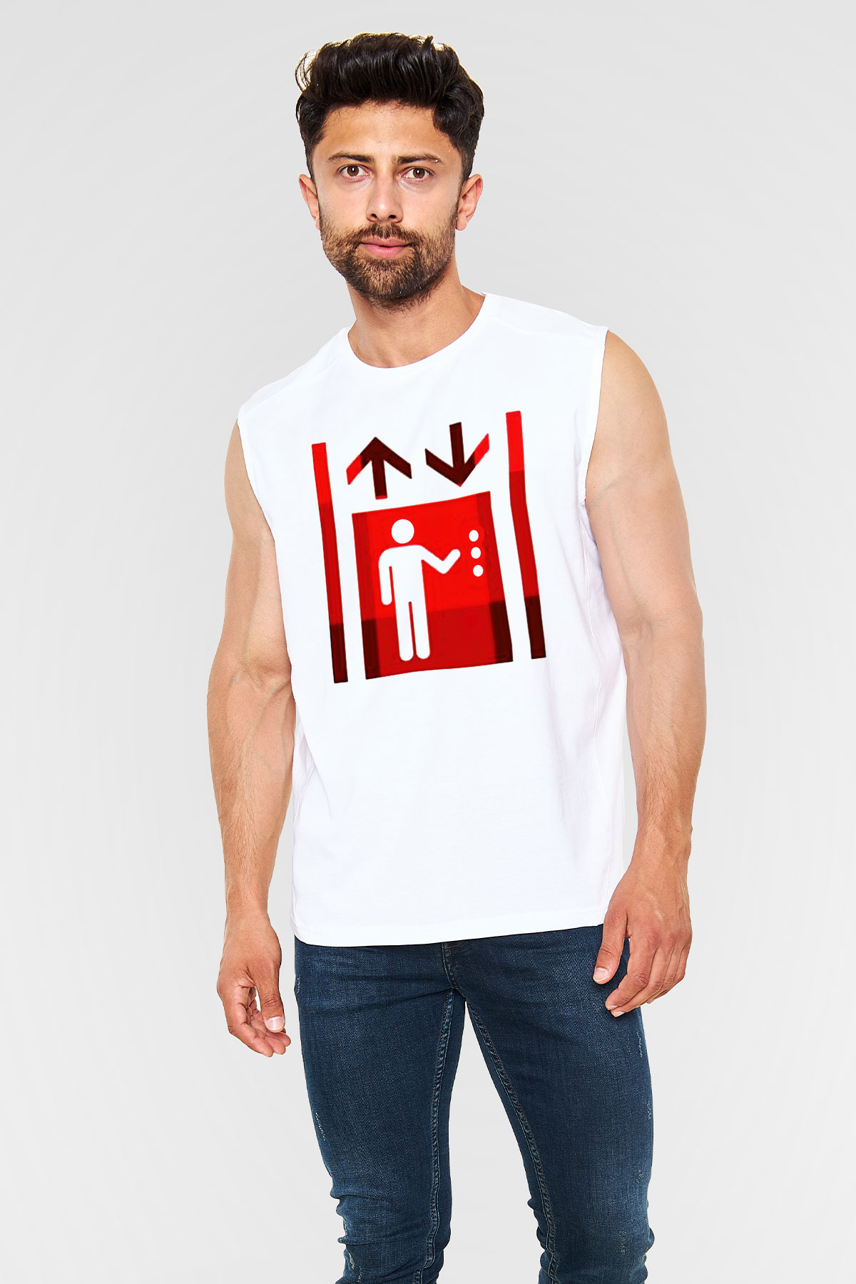 Asansörcü Beyaz Unisex Kolsuz Tişört