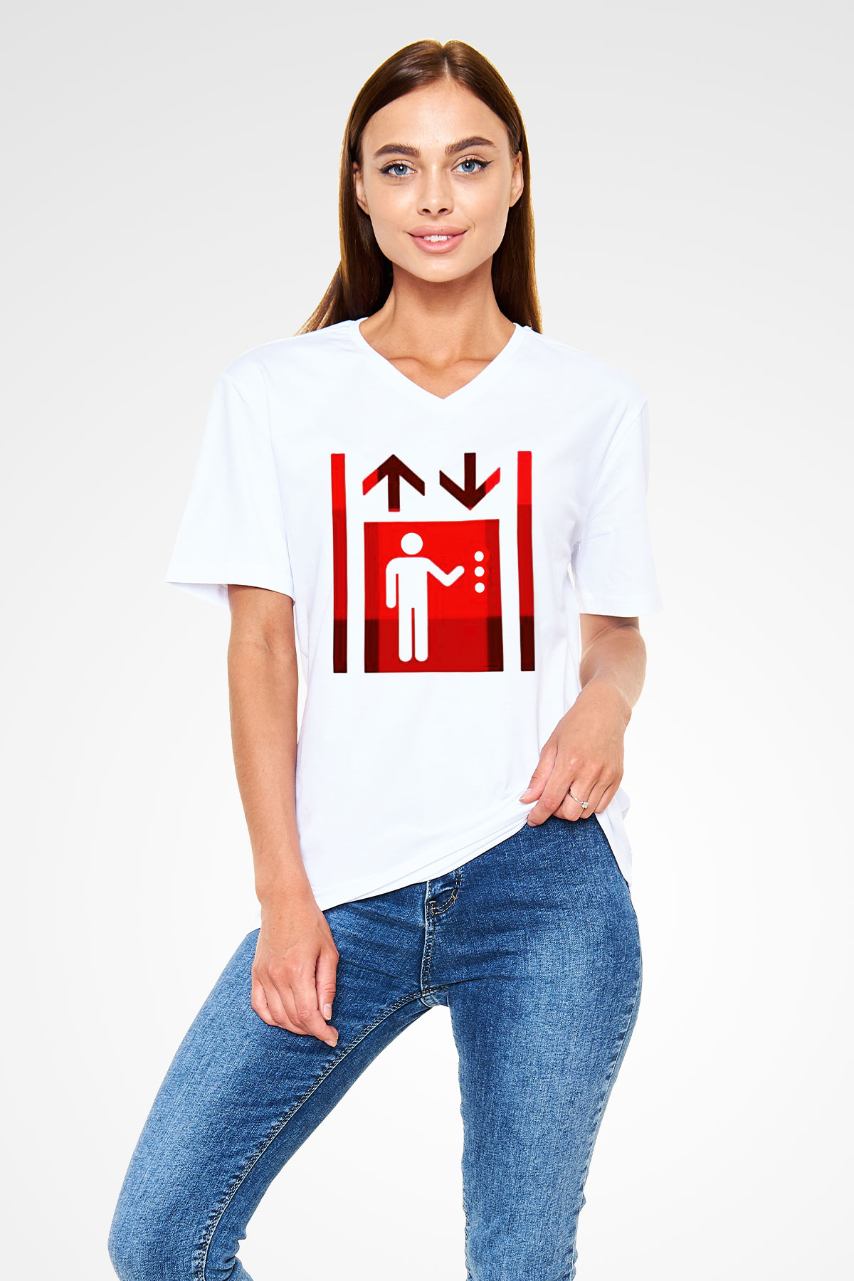 Asansörcü Beyaz Unisex V Yaka Tişört T-Shirt